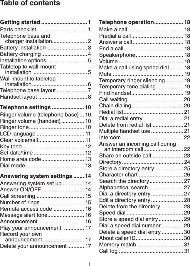 Table of contentsiGetting started .............................. 1Parts checklist.................................1Telephone base and charger installation....................... 2Battery installation .......................... 3Battery charging..............................4Installation options .......................... 5Tabletop to wall-mount installation ................................... 5Wall-mount to tabletop installation .................................... 6Telephone base layout .................... 7Handset layout ................................ 8Telephone settings ..................... 10Ringer volume (telephone base)... 10Ringer volume (handset)............... 10Ringer tone.................................... 10LCD language ............................... 11Clear voicemail.............................. 11Key tone ........................................ 12Set date/time ................................. 12Home area code............................ 13Dial mode ...................................... 13Answering system settings ....... 14Answering system set up .............. 14Answer ON/OFF............................ 14Call screening ............................... 15Number of rings............................. 15Remote access code .................... 16Message alert tone........................ 16Announcement .............................. 16Play your announcement  ............. 17Record your own announcement .......................... 17Delete your announcement ........... 17Telephone operation................... 18Make a call  ................................... 18Predial a call.................................. 18Answer a call ................................. 18End a call....................................... 18Speakerphone............................... 18Volume .......................................... 18Make a call using speed dial......... 18Mute .............................................. 19Temporary ringer silencing............ 19Temporary tone dialing.................. 19Find handset.................................. 19Call waiting .................................... 20Chain dialing.................................. 20Redial list....................................... 21Dial a redial entry .......................... 21Delete from redial list .................... 21Multiple handset use ..................... 21Intercom ........................................ 22Answer an incoming call during an intercom call.......................... 22Share an outside call..................... 23Directory........................................ 24Store a directory entry................... 25Character chart .............................26Search the directory...................... 27Alphabetical search....................... 27Dial a directory entry ..................... 27Edit a directory entry ..................... 28Delete from the directory............... 28Speed dial ..................................... 29Store a speed dial entry ................ 29Dial a speed dial number .............. 29Delete a speed dial entry .............. 30About caller ID............................... 30Memory match .............................. 31Call log .......................................... 31