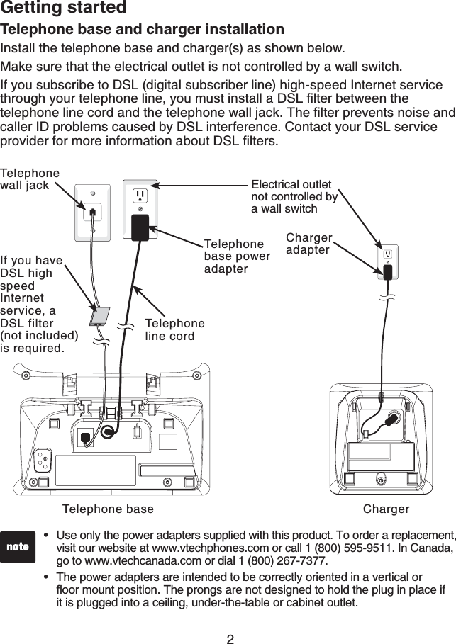 2Telephone base and charger installationInstall the telephone base and charger(s) as shown below. Make sure that the electrical outlet is not controlled by a wall switch. If you subscribe to DSL (digital subscriber line) high-speed Internet service through your telephone line, you must install a &amp;5.ſNVGTDGVYGGPVJGVGNGRJQPGNKPGEQTFCPFVJGVGNGRJQPGYCNNLCEM6JGſNVGTRTGXGPVUPQKUGCPFcaller ID problems caused by DSL interference. Contact your DSL service RTQXKFGTHQTOQTGKPHQTOCVKQPCDQWV&amp;5.ſNVGTUTelephone baseTelephone wall jackChargerUse only the power adapters supplied with this product. To order a replacement, visit our website at www.vtechphones.com or call 1 (800) 595-9511. In Canada, go to www.vtechcanada.com or dial 1 (800) 267-7377.The power adapters are intended to be correctly oriented in a vertical or ƀQQTOQWPVRQUKVKQP6JGRTQPIUCTGPQVFGUKIPGFVQJQNFVJGRNWIKPRNCEGKHit is plugged into a ceiling, under-the-table or cabinet outlet.••Getting startedElectrical outlet not controlled by a wall switchIf you have DSL high speed Internet service, a DSL filter (not included) is required.Telephone line cordTelephone base power adapter Charger adapter