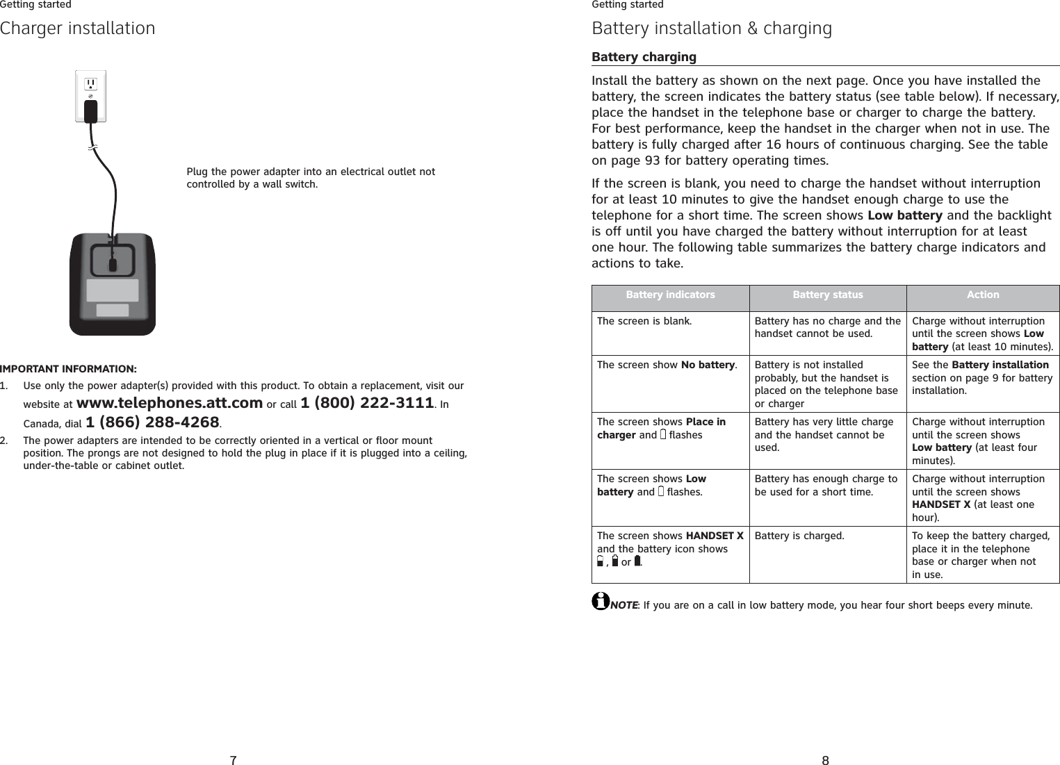 7Getting startedIMPORTANT INFORMATION:Use only the power adapter(s) provided with this product. To obtain a replacement, visit our website at www.telephones.att.com or call 1 (800) 222-3111. In Canada, dial 1 (866) 288-4268.The power adapters are intended to be correctly oriented in a vertical or floor mount position. The prongs are not designed to hold the plug in place if it is plugged into a ceiling, under-the-table or cabinet outlet.1.2.Charger installationPlug the power adapter into an electrical outlet not controlled by a wall switch.8Getting startedBattery installation &amp; chargingBattery chargingInstall the battery as shown on the next page. Once you have installed the battery, the screen indicates the battery status (see table below). If necessary, place the handset in the telephone base or charger to charge the battery. For best performance, keep the handset in the charger when not in use. The battery is fully charged after 16 hours of continuous charging. See the table on page 93 for battery operating times.If the screen is blank, you need to charge the handset without interruption for at least 10 minutes to give the handset enough charge to use the telephone for a short time. The screen shows Low battery and the backlight is off until you have charged the battery without interruption for at least one hour. The following table summarizes the battery charge indicators and actions to take.Battery indicators Battery status ActionThe screen is blank. Battery has no charge and the handset cannot be used.Charge without interruption until the screen shows Low battery (at least 10 minutes).The screen show No battery. Battery is not installed probably, but the handset is placed on the telephone base or chargerSee the Battery installationsection on page 9 for battery installation.The screen shows Place in charger and   flashesBattery has very little charge and the handset cannot be used.Charge without interruption until the screen shows Low battery (at least four minutes).The screen shows Low battery and   flashes.Battery has enough charge to be used for a short time.Charge without interruption until the screen shows HANDSET X (at least one hour).The screen shows HANDSET Xand the battery icon shows  ,   or  .Battery is charged. To keep the battery charged, place it in the telephone base or charger when not in use.NOTE: If you are on a call in low battery mode, you hear four short beeps every minute.