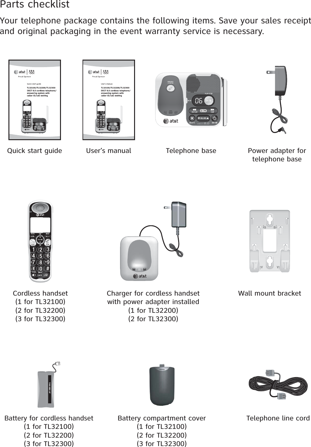 Parts checklistYour telephone package contains the following items. Save your sales receipt and original packaging in the event warranty service is necessary.Power adapter for telephone baseTelephone baseQuick start guide User’s manualWall mount bracketCharger for cordless handset with power adapter installed(1 for TL32200)(2 for TL32300)Cordless handset(1 for TL32100)(2 for TL32200)(3 for TL32300)Telephone line cordBattery for cordless handset(1 for TL32100)(2 for TL32200)(3 for TL32300)Battery compartment cover(1 for TL32100)(2 for TL32200)(3 for TL32300)