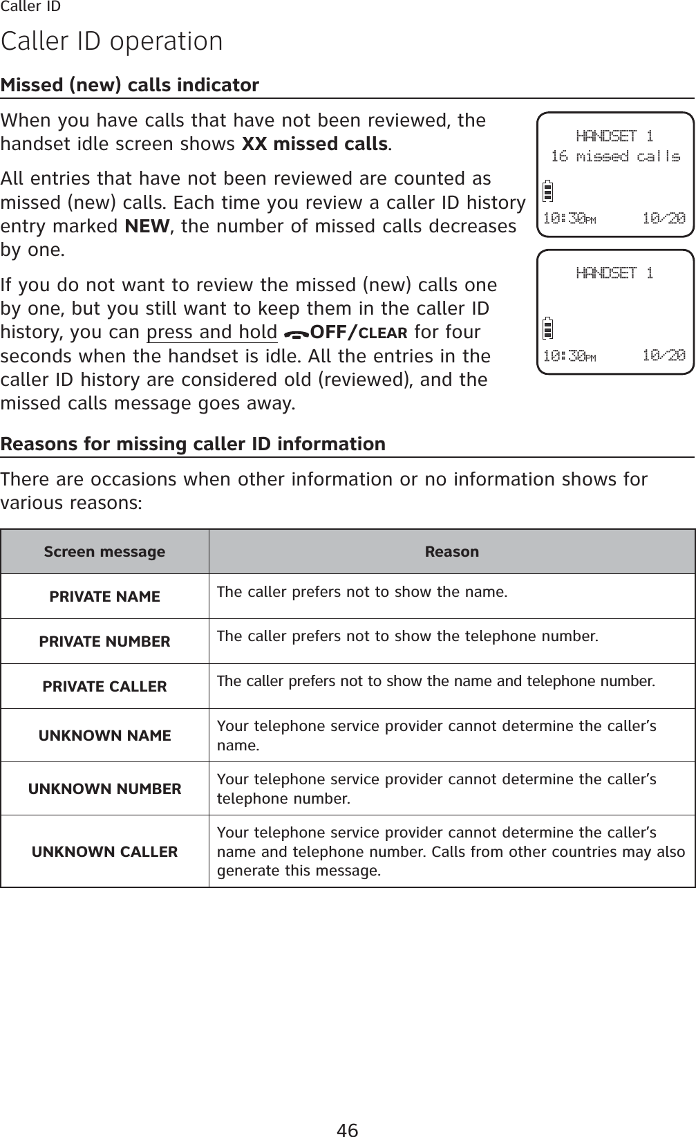 46Caller IDMissed (new) calls indicatorWhen you have calls that have not been reviewed, the handset idle screen shows XX missed calls.All entries that have not been reviewed are counted as missed (new) calls. Each time you review a caller ID history entry marked NEW, the number of missed calls decreases by one.If you do not want to review the missed (new) calls one by one, but you still want to keep them in the caller ID history, you can press and hold OFF/CLEAR for four seconds when the handset is idle. All the entries in the caller ID history are considered old (reviewed), and the missed calls message goes away.Reasons for missing caller ID informationThere are occasions when other information or no information shows for various reasons:Screen message ReasonPRIVATE NAME The caller prefers not to show the name.PRIVATE NUMBER The caller prefers not to show the telephone number.PRIVATE CALLER The caller prefers not to show the name and telephone number.UNKNOWN NAME Your telephone service provider cannot determine the caller’s name.UNKNOWN NUMBER Your telephone service provider cannot determine the caller’s telephone number.UNKNOWN CALLERYour telephone service provider cannot determine the caller’s name and telephone number. Calls from other countries may also generate this message.Caller ID operationHANDSET 116 missed calls10/2010:30PMHANDSET 110/2010:30PM
