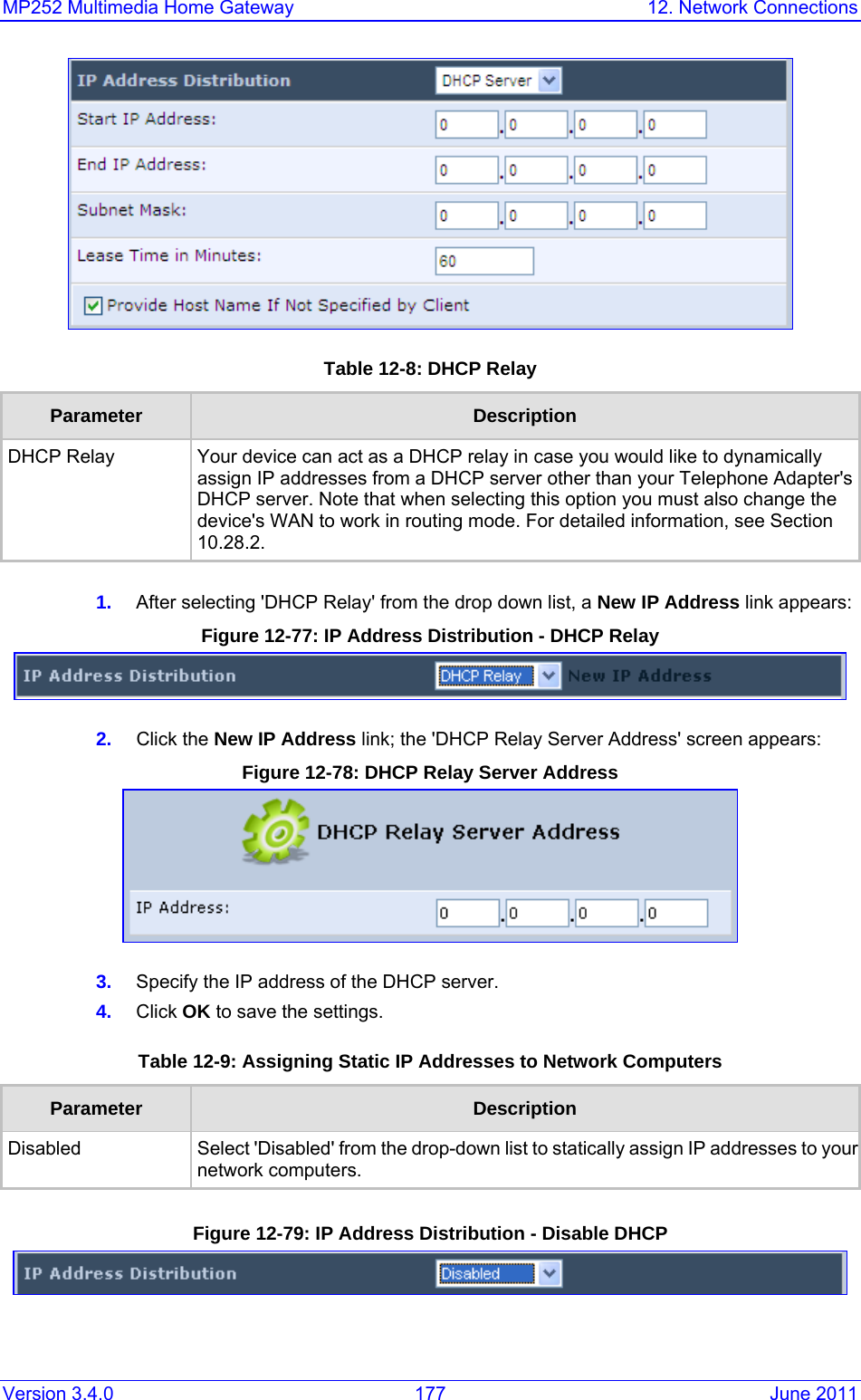 MP252 Multimedia Home Gateway  12. Network Connections Version 3.4.0  177  June 2011  Table 12-8: DHCP Relay Parameter  Description DHCP Relay Your device can act as a DHCP relay in case you would like to dynamically assign IP addresses from a DHCP server other than your Telephone Adapter&apos;s DHCP server. Note that when selecting this option you must also change the device&apos;s WAN to work in routing mode. For detailed information, see Section 10.28.2.  1.  After selecting &apos;DHCP Relay&apos; from the drop down list, a New IP Address link appears: Figure 12-77: IP Address Distribution - DHCP Relay  2.  Click the New IP Address link; the &apos;DHCP Relay Server Address&apos; screen appears: Figure 12-78: DHCP Relay Server Address  3.  Specify the IP address of the DHCP server. 4.  Click OK to save the settings. Table 12-9: Assigning Static IP Addresses to Network Computers Parameter  Description Disabled Select &apos;Disabled&apos; from the drop-down list to statically assign IP addresses to yournetwork computers.  Figure 12-79: IP Address Distribution - Disable DHCP   