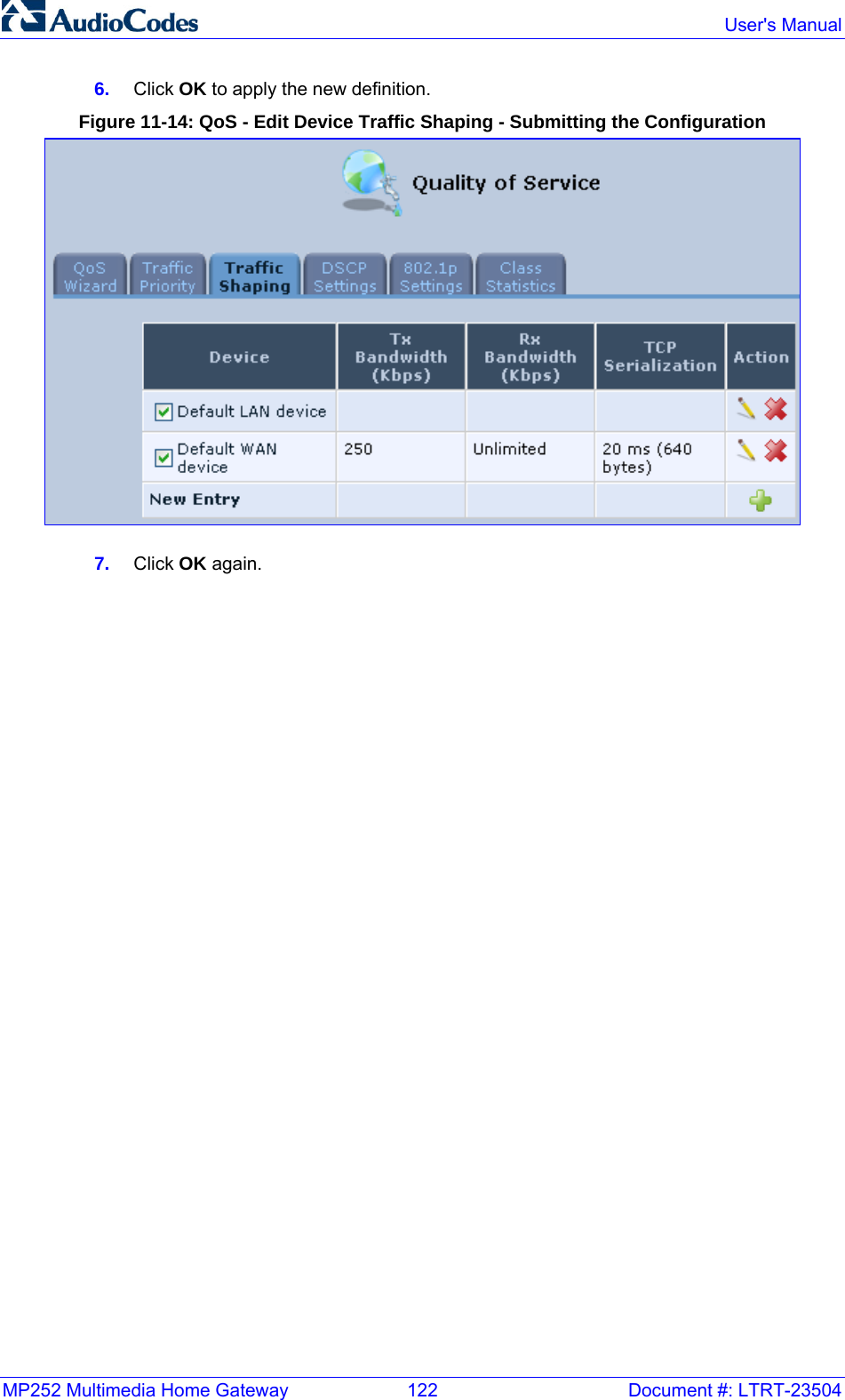 MP252 Multimedia Home Gateway  122  Document #: LTRT-23504  User&apos;s Manual  6.  Click OK to apply the new definition. Figure 11-14: QoS - Edit Device Traffic Shaping - Submitting the Configuration  7.  Click OK again.     