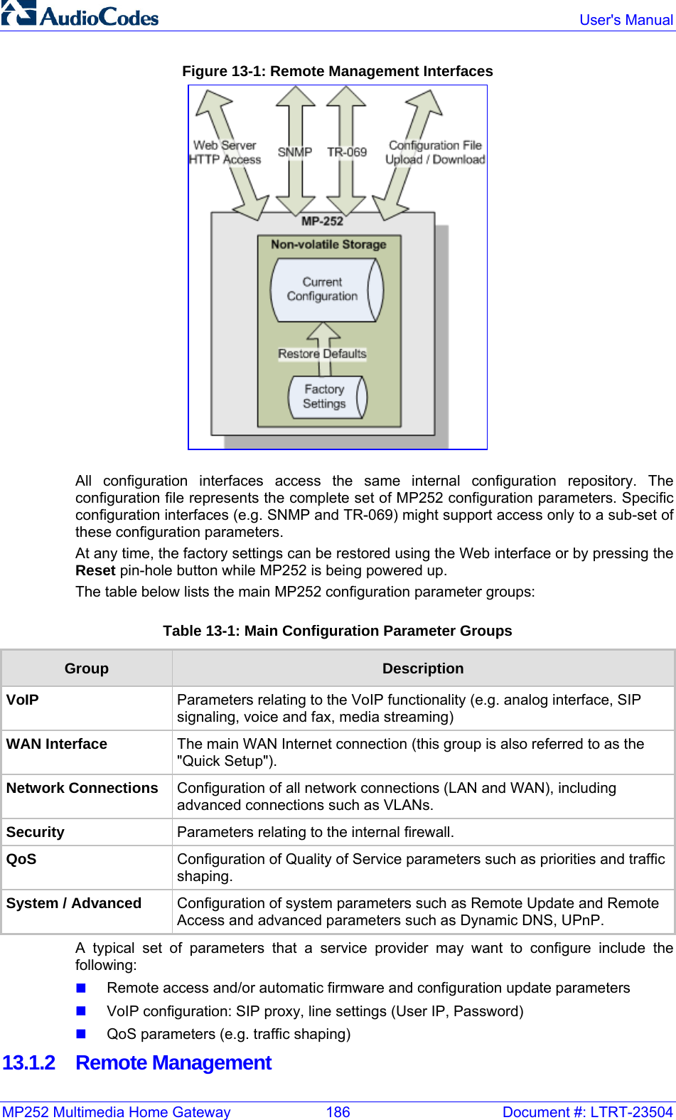 MP252 Multimedia Home Gateway  186  Document #: LTRT-23504  User&apos;s Manual  Figure 13-1: Remote Management Interfaces  All configuration interfaces access the same internal configuration repository. The configuration file represents the complete set of MP252 configuration parameters. Specific configuration interfaces (e.g. SNMP and TR-069) might support access only to a sub-set of these configuration parameters. At any time, the factory settings can be restored using the Web interface or by pressing the Reset pin-hole button while MP252 is being powered up. The table below lists the main MP252 configuration parameter groups: Table 13-1: Main Configuration Parameter Groups Group  Description VoIP  Parameters relating to the VoIP functionality (e.g. analog interface, SIP signaling, voice and fax, media streaming) WAN Interface   The main WAN Internet connection (this group is also referred to as the &quot;Quick Setup&quot;). Network Connections  Configuration of all network connections (LAN and WAN), including advanced connections such as VLANs. Security  Parameters relating to the internal firewall. QoS  Configuration of Quality of Service parameters such as priorities and traffic shaping. System / Advanced  Configuration of system parameters such as Remote Update and Remote Access and advanced parameters such as Dynamic DNS, UPnP. A typical set of parameters that a service provider may want to configure include the following:  Remote access and/or automatic firmware and configuration update parameters  VoIP configuration: SIP proxy, line settings (User IP, Password)  QoS parameters (e.g. traffic shaping)  13.1.2 Remote Management 