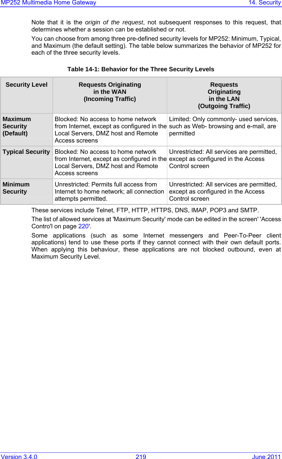 MP252 Multimedia Home Gateway  14. Security Version 3.4.0  219  June 2011 Note that it is the origin of the request, not subsequent responses to this request, that determines whether a session can be established or not. You can choose from among three pre-defined security levels for MP252: Minimum, Typical, and Maximum (the default setting). The table below summarizes the behavior of MP252 for each of the three security levels. Table 14-1: Behavior for the Three Security Levels Security Level  Requests Originating  in the WAN  (Incoming Traffic) Requests  Originating  in the LAN  (Outgoing Traffic) Maximum Security (Default) Blocked: No access to home network from Internet, except as configured in the Local Servers, DMZ host and Remote Access screens Limited: Only commonly- used services, such as Web- browsing and e-mail, are permitted Typical Security  Blocked: No access to home network from Internet, except as configured in the Local Servers, DMZ host and Remote Access screens Unrestricted: All services are permitted, except as configured in the Access Control screen Minimum Security  Unrestricted: Permits full access from Internet to home network; all connection attempts permitted. Unrestricted: All services are permitted, except as configured in the Access Control screen These services include Telnet, FTP, HTTP, HTTPS, DNS, IMAP, POP3 and SMTP.  The list of allowed services at &apos;Maximum Security&apos; mode can be edited in the screen&apos; &apos;Access Contro&apos;l on page 220&apos;. Some applications (such as some Internet messengers and Peer-To-Peer client applications) tend to use these ports if they cannot connect with their own default ports. When applying this behaviour, these applications are not blocked outbound, even at Maximum Security Level. 