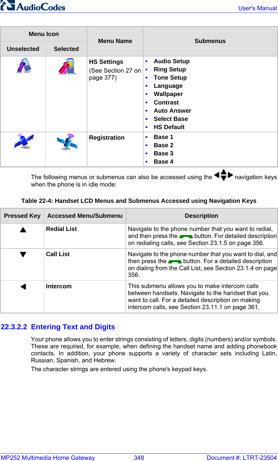 MP252 Multimedia Home Gateway  348  Document #: LTRT-23504  User&apos;s Manual  Menu Icon Unselected  Selected  Menu Name  Submenus   HS Settings (See Section 27 on page 377)  Audio Setup   Ring Setup  Tone Setup  Language  Wallpaper  Contrast  Auto Answer  Select Base  HS Default   Registration   Base 1  Base 2  Base 3  Base 4 The following menus or submenus can also be accessed using the   navigation keys when the phone is in idle mode: Table 22-4: Handset LCD Menus and Submenus Accessed using Navigation Keys Pressed Key  Accessed Menu/Submenu Description  Redial List  Navigate to the phone number that you want to redial, and then press the   button. For detailed description on redialing calls, see Section 23.1.5 on page 356.  Call List  Navigate to the phone number that you want to dial, and then press the   button. For a detailed description on dialing from the Call List, see Section 23.1.4 on page 356.  Intercom  This submenu allows you to make intercom calls between handsets. Navigate to the handset that you want to call. For a detailed description on making intercom calls, see Section 23.11.1 on page 361. 22.3.2.2  Entering Text and Digits Your phone allows you to enter strings consisting of letters, digits (numbers) and/or symbols. These are required, for example, when defining the handset name and adding phonebook contacts. In addition, your phone supports a variety of character sets including Latin, Russian, Spanish, and Hebrew. The character strings are entered using the phone&apos;s keypad keys.   