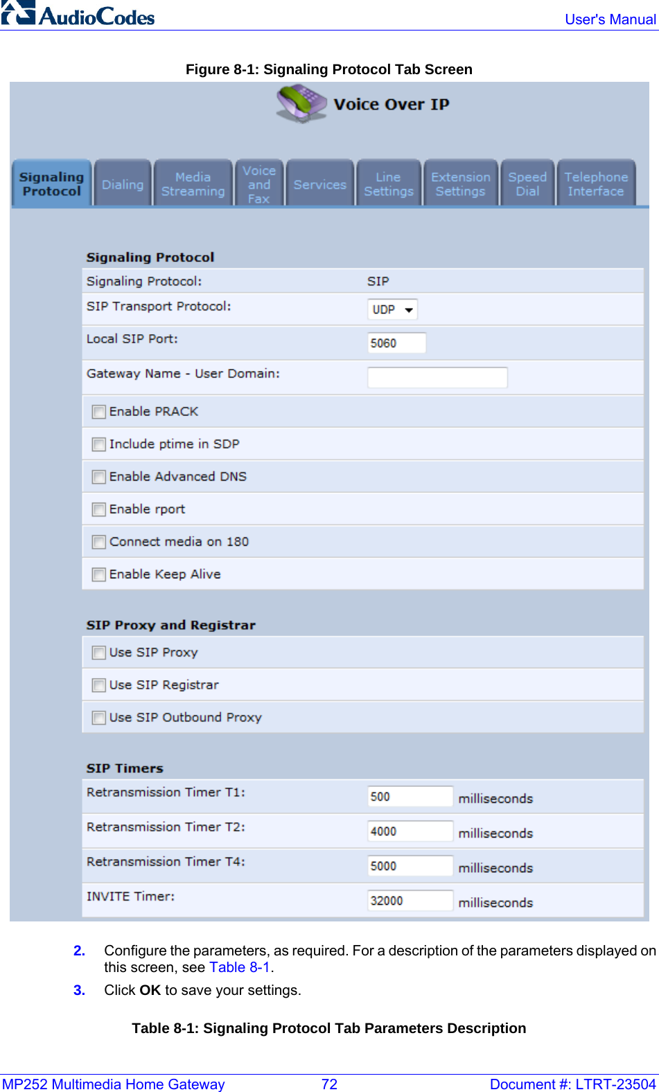 MP252 Multimedia Home Gateway  72  Document #: LTRT-23504  User&apos;s Manual  Figure 8-1: Signaling Protocol Tab Screen  2.  Configure the parameters, as required. For a description of the parameters displayed on this screen, see Table 8-1. 3.  Click OK to save your settings. Table 8-1: Signaling Protocol Tab Parameters Description 