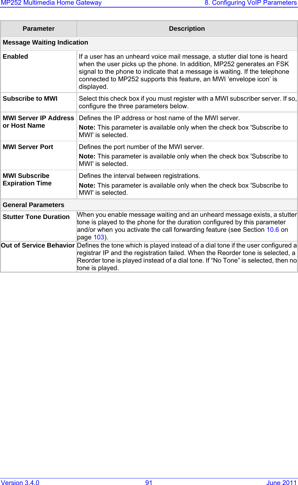 MP252 Multimedia Home Gateway  8. Configuring VoIP Parameters Version 3.4.0  91  June 2011 Parameter  Description Message Waiting Indication Enabled  If a user has an unheard voice mail message, a stutter dial tone is heard when the user picks up the phone. In addition, MP252 generates an FSK signal to the phone to indicate that a message is waiting. If the telephone connected to MP252 supports this feature, an MWI ‘envelope icon’ is displayed. Subscribe to MWI  Select this check box if you must register with a MWI subscriber server. If so,configure the three parameters below. MWI Server IP Address or Host Name  Defines the IP address or host name of the MWI server. Note: This parameter is available only when the check box &apos;Subscribe to MWI&apos; is selected. MWI Server Port  Defines the port number of the MWI server. Note: This parameter is available only when the check box &apos;Subscribe to MWI&apos; is selected. MWI Subscribe Expiration Time  Defines the interval between registrations. Note: This parameter is available only when the check box &apos;Subscribe to MWI&apos; is selected. General Parameters Stutter Tone Duration  When you enable message waiting and an unheard message exists, a stuttertone is played to the phone for the duration configured by this parameter and/or when you activate the call forwarding feature (see Section 10.6 on page 103). Out of Service Behavior Defines the tone which is played instead of a dial tone if the user configured aregistrar IP and the registration failed. When the Reorder tone is selected, a Reorder tone is played instead of a dial tone. If “No Tone” is selected, then no tone is played.   