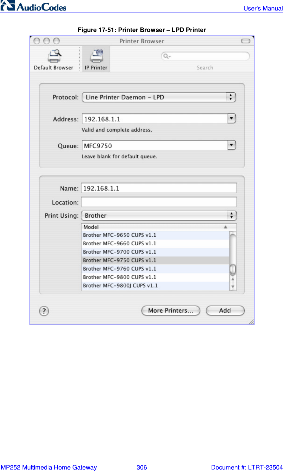 MP252 Multimedia Home Gateway  306  Document #: LTRT-23504   User&apos;s Manual  Figure 17-51: Printer Browser – LPD Printer  