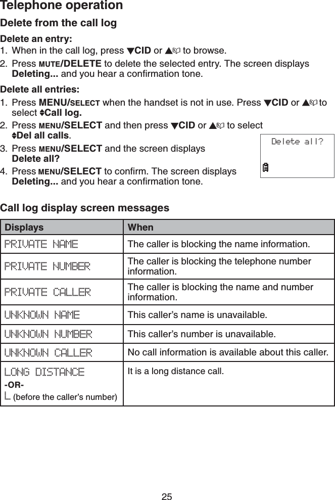 25Telephone operationDelete from the call logDelete an entry:When in the call log, press  CID or   to browse.Press MUTE/DELETE to delete the selected entry. The screen displays Deleting...CPF[QWJGCTCEQPſTOCVKQPVQPGDelete all entries:Press MENU/SELECT when the handset is not in use. Press  CID or  to select  Call log.Press MENU/SELECT and then press  CID or   to select    Del all calls.Press MENU/SELECT and the screen displays Delete all?Press MENU/SELECTVQEQPſTO6JGUETGGPFKURNC[UDeleting...CPF[QWJGCTCEQPſTOCVKQPVQPGDisplays WhenPRIVATE NAME The caller is blocking the name information.PRIVATE NUMBER The caller is blocking the telephone number information.PRIVATE CALLER The caller is blocking the name and number information. UNKNOWN NAME  This caller’s name is unavailable. UNKNOWN NUMBER This caller’s number is unavailable.UNKNOWN CALLER No call information is available about this caller.LONG DISTANCE-OR-L (before the caller’s number)It is a long distance call.1.2.1.2.3.4.Delete all?Call log display screen messages