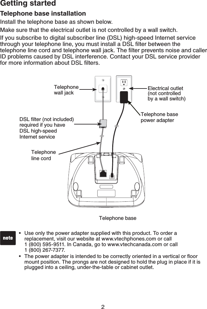 2Telephone base installationInstall the telephone base as shown below. Make sure that the electrical outlet is not controlled by a wall switch.If you subscribe to digital subscriber line (DSL) high-speed Internet service through your telephone line, you must install a &amp;5.ſNVGTDGVYGGPVJGVGNGRJQPGNKPGEQTFCPFVGNGRJQPGYCNNLCEM6JGſNVGTRTGXGPVUPQKUGCPFECNNGTID problems caused by DSL interference. Contact your DSL service provider HQTOQTGKPHQTOCVKQPCDQWV&amp;5.ſNVGTUUse only the power adapter supplied with this product. To order a replacement, visit our website at www.vtechphones.com or call    1 (800) 595-9511. In Canada, go to www.vtechcanada.com or call   1 (800) 267-7377.6JGRQYGTCFCRVGTKUKPVGPFGFVQDGEQTTGEVN[QTKGPVGFKPCXGTVKECNQTƀQQTmount position. The prongs are not designed to hold the plug in place if it is plugged into a ceiling, under-the-table or cabinet outlet.••Getting startedTelephone baseTelephoneline cordElectrical outlet (not controlled by a wall switch)Telephonewall jack&amp;5.ſNVGTPQVKPENWFGFrequired if you have DSL high-speed Internet service Telephone base power adapter