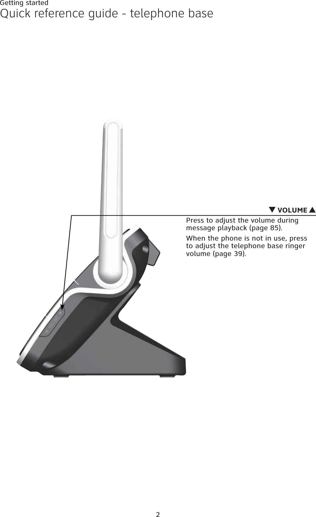 2Getting startedQuick reference guide - telephone base VOLUME Press to adjust the volume during message playback (page 85).When the phone is not in use, press to adjust the telephone base ringer volume (page 39).