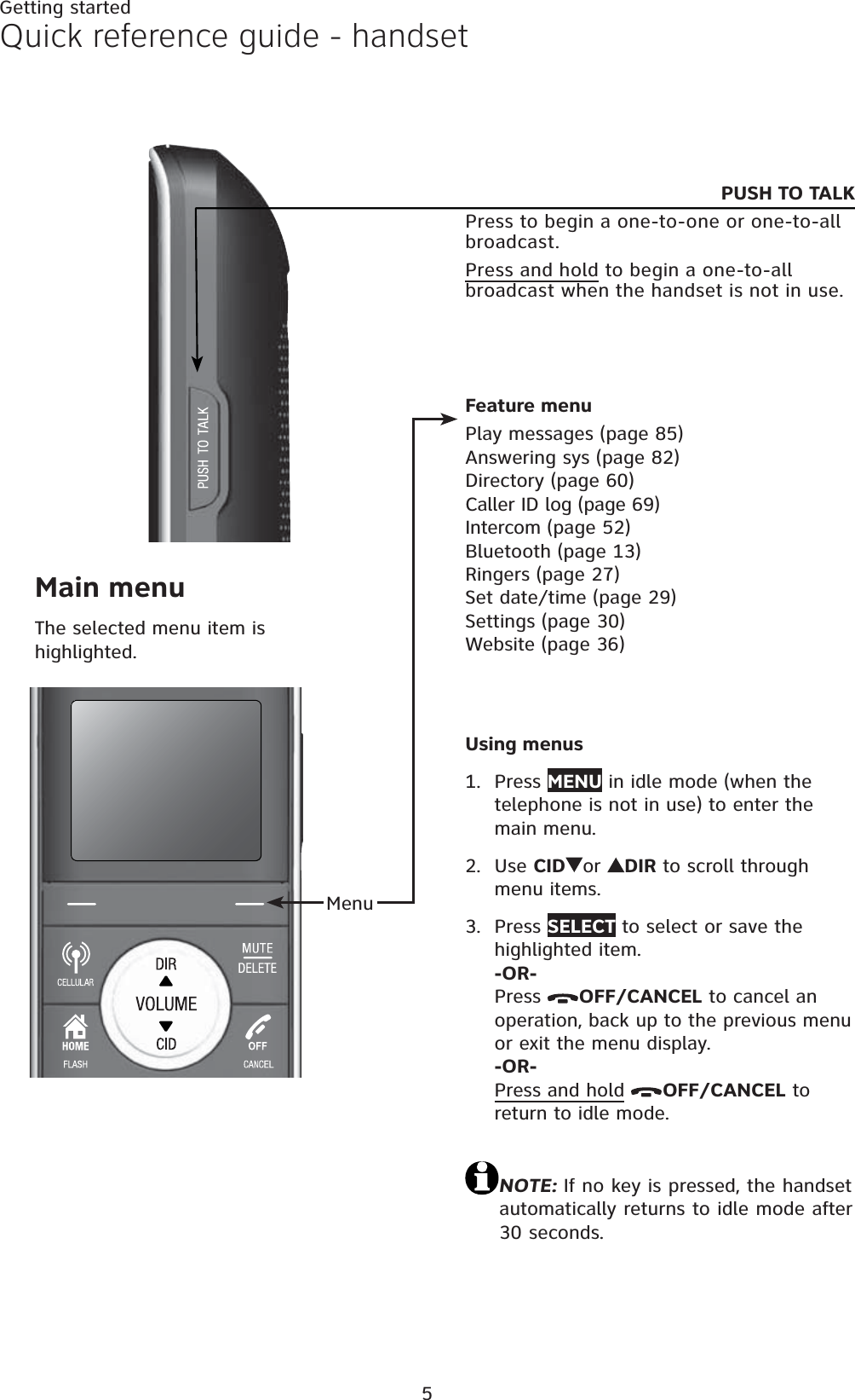 5Getting startedQuick reference guide - handsetMenuFeature menuPlay messages (page 85)Answering sys (page 82)Directory (page 60)Caller ID log (page 69)Intercom (page 52)Bluetooth (page 13)Ringers (page 27)Set date/time (page 29)Settings (page 30)Website (page 36)Main menuThe selected menu item is highlighted.PUSH TO TALK  Press to begin a one-to-one or one-to-all broadcast.Press and hold to begin a one-to-all broadcast when the handset is not in use.Using menusPress MENU in idle mode (when the telephone is not in use) to enter the main menu.Use CID or DIR to scroll through menu items.Press SELECT to select or save the highlighted item.-OR-Press  OFF/CANCEL to cancel an operation, back up to the previous menu or exit the menu display.-OR-Press and hold OFF/CANCEL to return to idle mode.NOTE: If no key is pressed, the handset automatically returns to idle mode after 30 seconds.1.2.3.