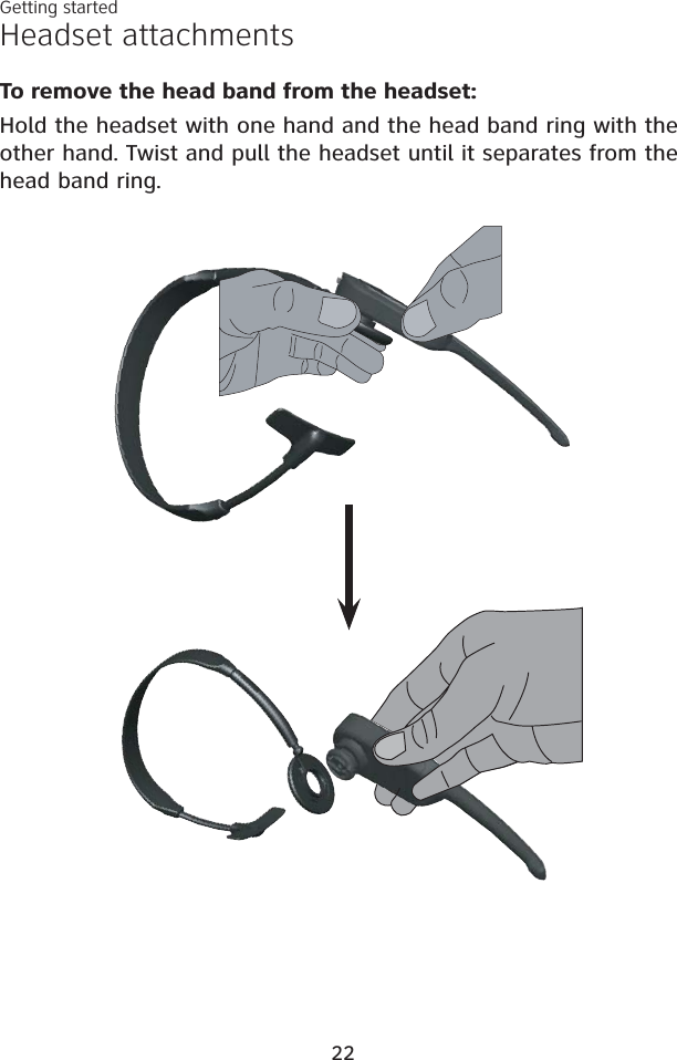 Headset attachmentsTo remove the head band from the headset:Hold the headset with one hand and the head band ring with the other hand. Twist and pull the headset until it separates from the head band ring.Getting started22
