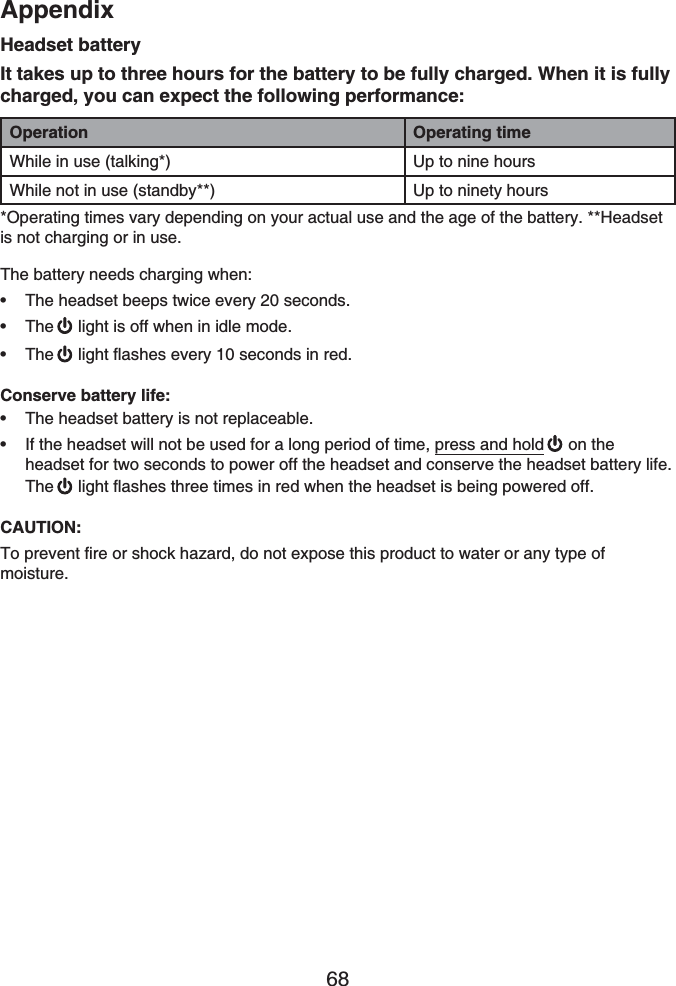 Appendix68Headset batteryIt takes up to three hours for the battery to be fully charged. When it is fully charged, you can expect the following performance:Operation Operating timeWhile in use (talking*) Up to nine hoursWhile not in use (standby**) Up to ninety hours*Operating times vary depending on your actual use and the age of the battery. **Headset is not charging or in use.The battery needs charging when:The headset beeps twice every 20 seconds.The  light is off when in idle mode.The  light flashes every 10 seconds in red.Conserve battery life:The headset battery is not replaceable.If the headset will not be used for a long period of time, press and hold on the headset for two seconds to power off the headset and conserve the headset battery life. The light flashes three times in red when the headset is being powered off.CAUTION:To prevent fire or shock hazard, do not expose this product to water or any type of moisture.•••••