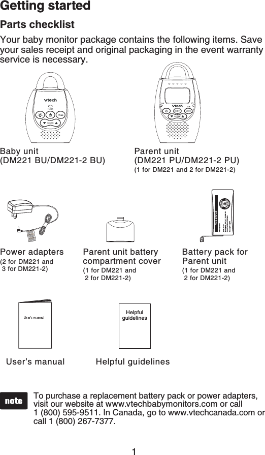 1Getting startedParts checklistYour baby monitor package contains the following items. Save your sales receipt and original packaging in the event warranty service is necessary.User’s manualGetting startedTo purchase a replacement battery pack or power adapters, visit our website at www.vtechbabymonitors.com or call 1 (800) 595-9511. In Canada, go to www.vtechcanada.com or call 1 (800) 267-7377.Helpful guidelinesHelpful guidelinesParent unit      (DM221 PU/DM221-2 PU)(1 for DM221 and 2 for DM221-2)Baby unit    (DM221 BU/DM221-2 BU)Power adapters(2 for DM221 and  3 for DM221-2)Parent unit battery compartment cover(1 for DM221 and     2 for DM221-2)Battery pack for Parent unit(1 for DM221 and     2 for DM221-2)