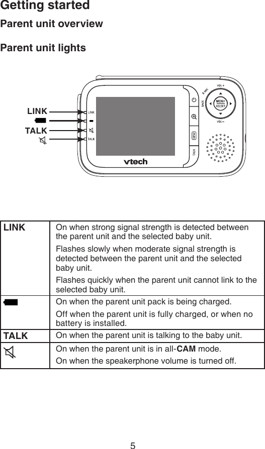 5Getting startedParent unit lightsLINK On when strong signal strength is detected between the parent unit and the selected baby unit.Flashes slowly when moderate signal strength is detected between the parent unit and the selected baby unit.Flashes quickly when the parent unit cannot link to the selected baby unit.On when the parent unit pack is being charged.Off when the parent unit is fully charged, or when no battery is installed.TALK On when the parent unit is talking to the baby unit.On when the parent unit is in all-CAM mode.On when the speakerphone volume is turned off.Parent unit overviewLINKTALK