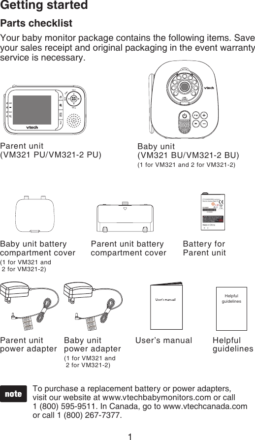 1Parts checklistYour baby monitor package contains the following items. Save your sales receipt and original packaging in the event warranty service is necessary.User’s manualTo purchase a replacement battery or power adapters,  visit our website at www.vtechbabymonitors.com or call    1 (800) 595-9511. In Canada, go to www.vtechcanada.com  or call 1 (800) 267-7377.Helpful guidelinesHelpful guidelinesBaby unit    (VM321 BU/VM321-2 BU)(1 for VM321 and 2 for VM321-2)Parent unit    (VM321 PU/VM321-2 PU)Baby unit power adapter(1 for VM321 and   2 for VM321-2)Parent unit battery compartment coverBattery for Parent unitParent unit power adapterBaby unit battery compartment cover(1 for VM321 and     2 for VM321-2)Getting started