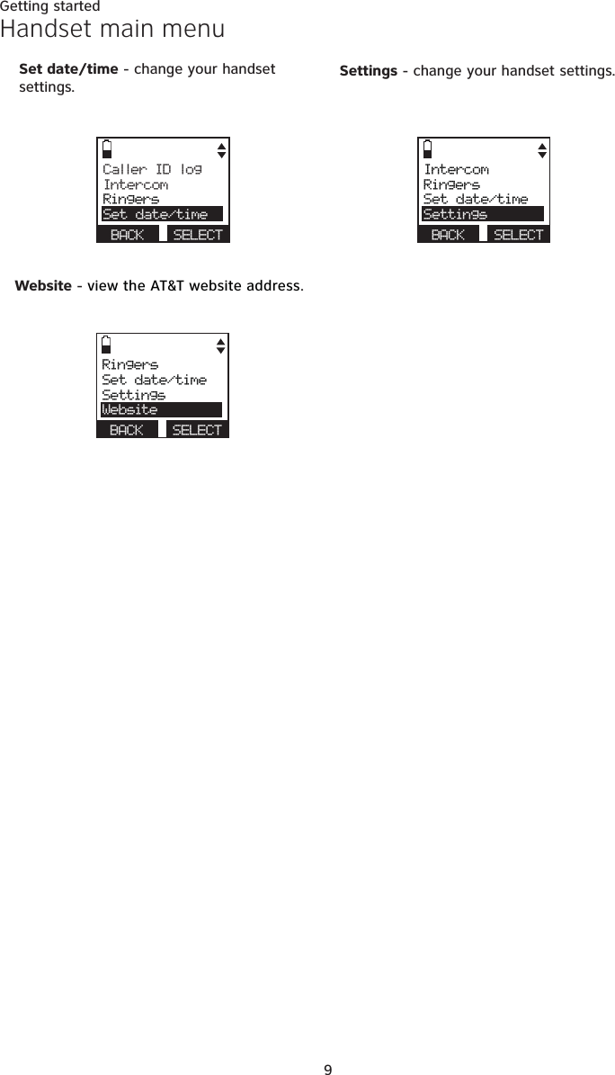 9Getting startedHandset main menuWebsite - view the AT&amp;T website address.Set date/time - change your handset settings.Settings - change your handset settings.Caller ID logIntercomRingersSet date/timeBACK SELECTIntercomRingersSet date/timeSettingsBACK SELECTRingersSet date/timeSettingsWebsiteBACK SELECT