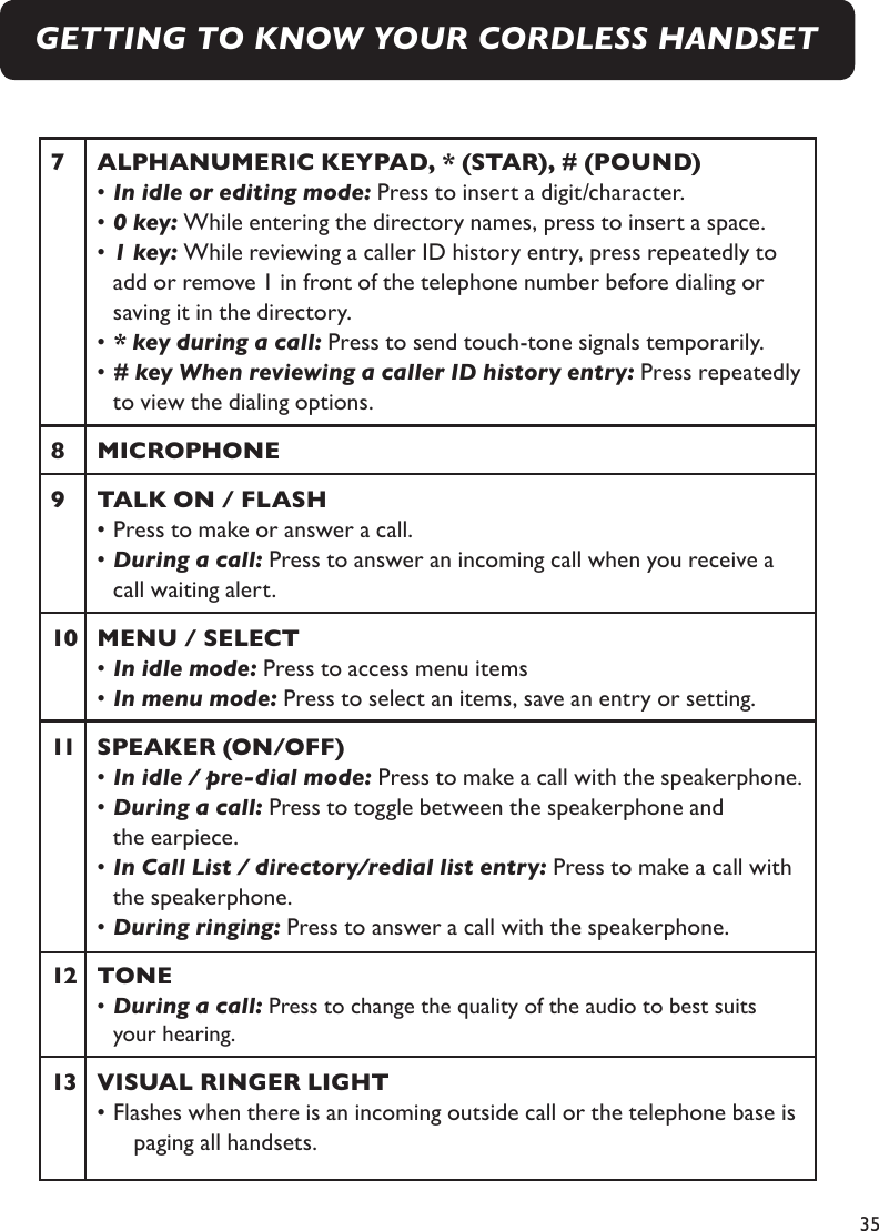 357     ALPHANUMERIC KEYPAD, * (STAR), # (POUND)  • In idle or editing mode: Press to insert a digit/character.  • 0 key: While entering the directory names, press to insert a space.  • 1 key: While reviewing a caller ID history entry, press repeatedly to     add or remove 1 in front of the telephone number before dialing or      saving it in the directory.   • * key during a call: Press to send touch-tone signals temporarily.  • # key When reviewing a caller ID history entry: Press repeatedly      to view the dialing options.8     MICROPHONE9     TALK ON / FLASH  • Press to make or answer a call.   • During a call: Press to answer an incoming call when you receive a     call waiting alert.10   MENU / SELECT  • In idle mode: Press to access menu items  • In menu mode: Press to select an items, save an entry or setting.11   SPEAKER (ON/OFF)  • In idle / pre-dial mode: Press to make a call with the speakerphone.  • During a call: Press to toggle between the speakerphone and     the earpiece.   • In Call List / directory/redial list entry: Press to make a call with       the speakerphone.   • During ringing: Press to answer a call with the speakerphone.12  TONE  • During a call: Press to change the quality of the audio to best suits     your hearing.13  VISUAL RINGER LIGHT  • Flashes when there is an incoming outside call or the telephone base is        paging all handsets.GETTING TO KNOW YOUR CORDLESS HANDSET