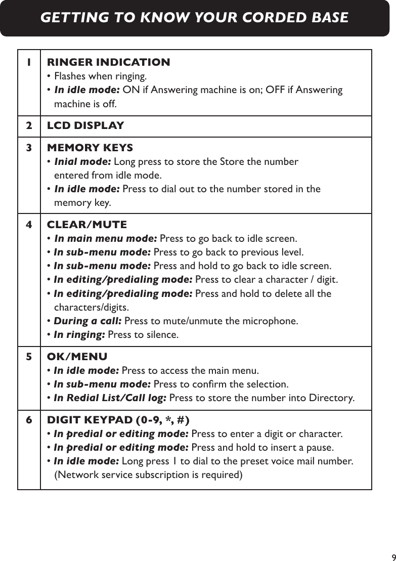 9GETTING TO KNOW YOUR CORDED BASE1  RINGER INDICATION  • Flashes when ringing.   • In idle mode: ON if Answering machine is on; OFF if Answering        machine is off. 2  LCD DISPLAY3  MEMORY KEYS  • Inial mode: Long press to store the Store the number     entered from idle mode.   • In idle mode: Press to dial out to the number stored in the     memory key.4  CLEAR/MUTE   • In main menu mode: Press to go back to idle screen.  • In sub-menu mode: Press to go back to previous level.  • In sub-menu mode: Press and hold to go back to idle screen.  • In editing/predialing mode: Press to clear a character / digit.  • In editing/predialing mode: Press and hold to delete all the     characters/digits.   • During a call: Press to mute/unmute the microphone. • In ringing: Press to silence.5  OK/MENU  • In idle mode: Press to access the main menu.  • In sub-menu mode: Press to conrm the selection.  • In Redial List/Call log: Press to store the number into Directory.6  DIGIT KEYPAD (0-9, *, #)  • In predial or editing mode: Press to enter a digit or character.  • In predial or editing mode: Press and hold to insert a pause.  • In idle mode: Long press 1 to dial to the preset voice mail number.     (Network service subscription is required)