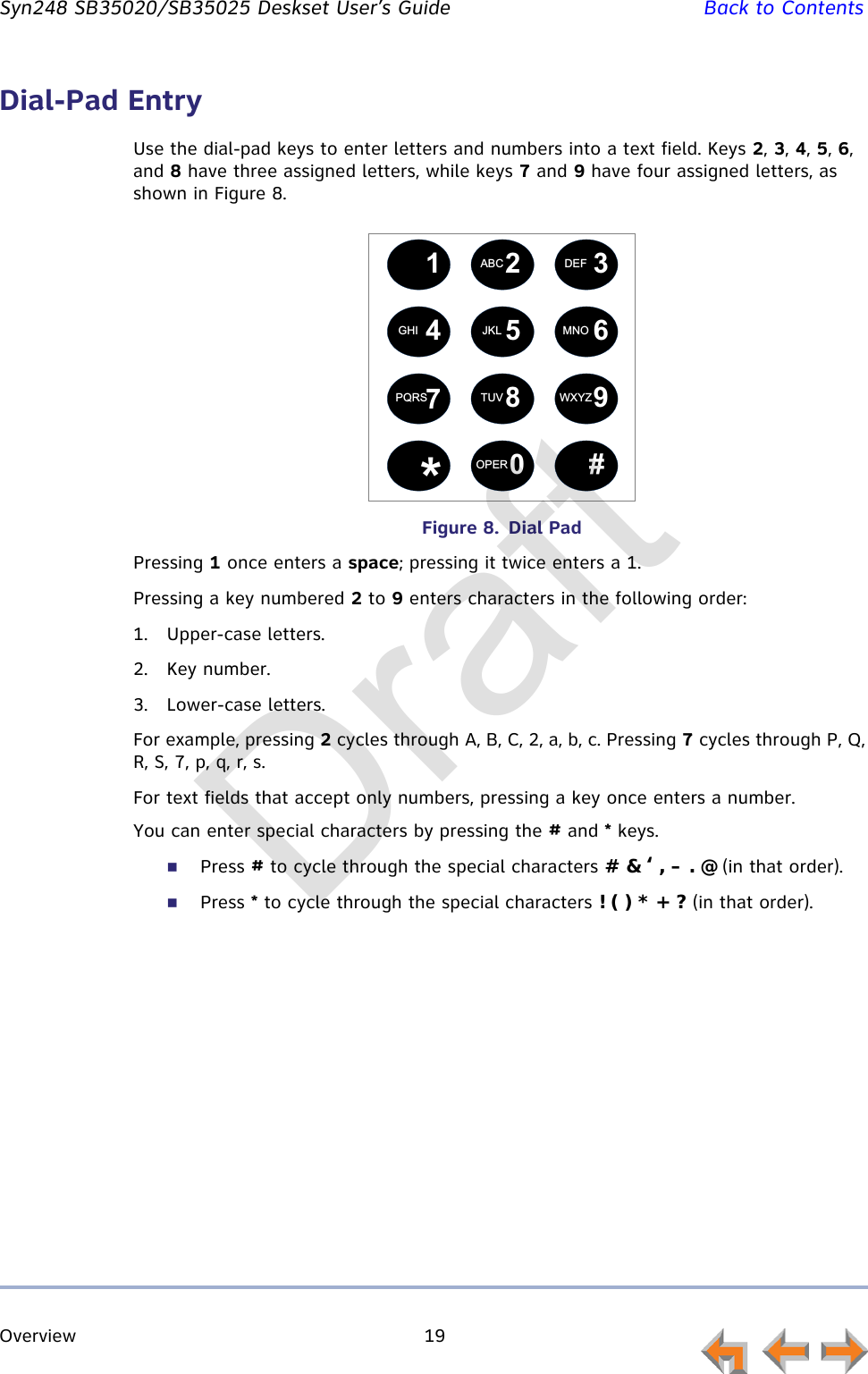 Overview 19         Syn248 SB35020/SB35025 Deskset User’s Guide Back to ContentsDial-Pad EntryUse the dial-pad keys to enter letters and numbers into a text field. Keys 2, 3, 4, 5, 6, and 8 have three assigned letters, while keys 7 and 9 have four assigned letters, as shown in Figure 8.Figure 8.  Dial PadPressing 1 once enters a space; pressing it twice enters a 1.Pressing a key numbered 2 to 9 enters characters in the following order:1. Upper-case letters.2. Key number.3. Lower-case letters.For example, pressing 2 cycles through A, B, C, 2, a, b, c. Pressing 7 cycles through P, Q, R, S, 7, p, q, r, s.For text fields that accept only numbers, pressing a key once enters a number.You can enter special characters by pressing the # and * keys.Press # to cycle through the special characters # &amp; ‘ , – . @ (in that order).Press * to cycle through the special characters ! ( ) * + ? (in that order).12 345 67890ABC DEFGHI JKL MNOPQRS TUV WXYZOPER#*Draft