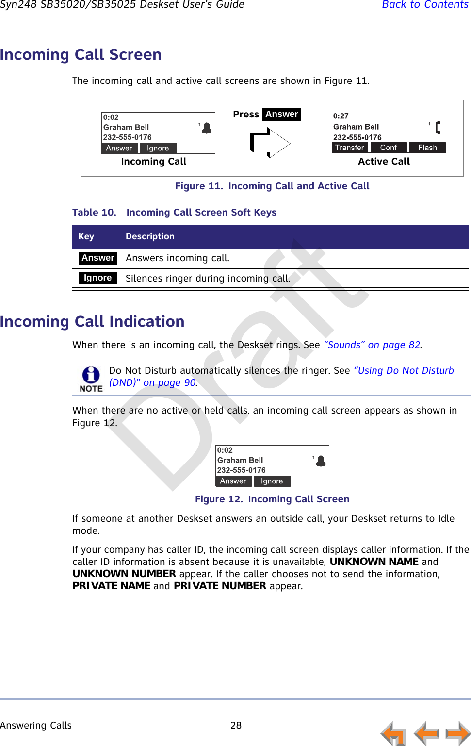 Answering Calls 28         Syn248 SB35020/SB35025 Deskset User’s Guide Back to ContentsIncoming Call ScreenThe incoming call and active call screens are shown in Figure 11.Figure 11.  Incoming Call and Active Call.Incoming Call IndicationWhen there is an incoming call, the Deskset rings. See “Sounds” on page 82.When there are no active or held calls, an incoming call screen appears as shown in Figure 12.Figure 12.  Incoming Call ScreenIf someone at another Deskset answers an outside call, your Deskset returns to Idle mode.If your company has caller ID, the incoming call screen displays caller information. If the caller ID information is absent because it is unavailable, UNKNOWN NAME and UNKNOWN NUMBER appear. If the caller chooses not to send the information, PRIVATE NAME and PRIVATE NUMBER appear.Table 10.  Incoming Call Screen Soft KeysKey  DescriptionAnswers incoming call.Silences ringer during incoming call.Press AnswerIncoming Call Active CallAnswerIgnoreDo Not Disturb automatically silences the ringer. See “Using Do Not Disturb (DND)” on page 90.Draft