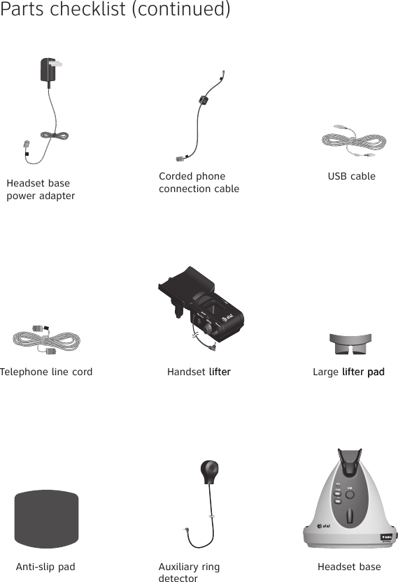 Parts checklist (continued)Auxiliary ring detectorTelephone line cord Large lifter padlifter pad padHandset lifterlifterHeadset baseAnti-slip padUSB cableHeadset base power adapterCorded phone connection cable