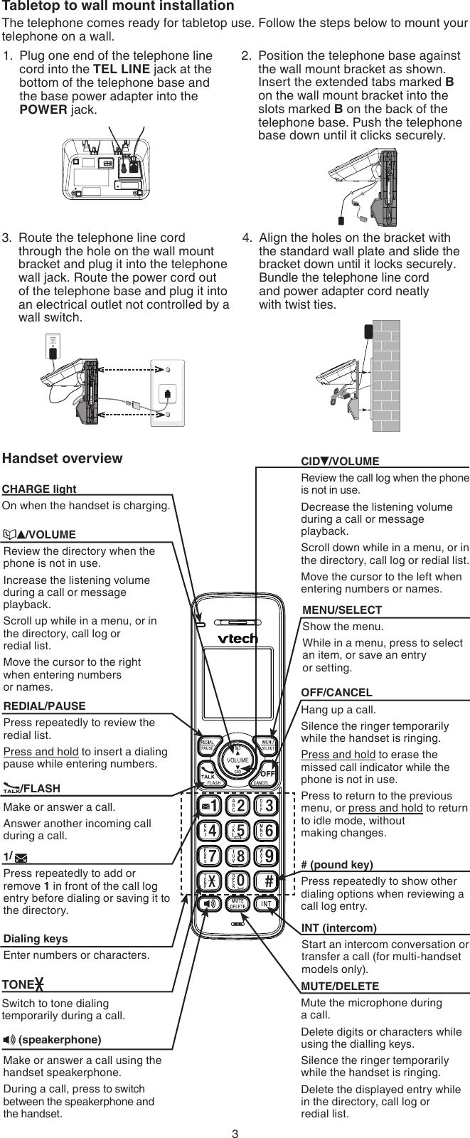 3Tabletop to wall mount installationThe telephone comes ready for tabletop use. Follow the steps below to mount your telephone on a wall. Route the telephone line cord through the hole on the wall mount bracket and plug it into the telephone wall jack. Route the power cord out of the telephone base and plug it into an electrical outlet not controlled by a wall switch.3. Align the holes on the bracket with the standard wall plate and slide the bracket down until it locks securely. Bundle the telephone line cord  and power adapter cord neatly  with twist ties.4.Position the telephone base against the wall mount bracket as shown. Insert the extended tabs marked B on the wall mount bracket into the slots marked B on the back of the telephone base. Push the telephone base down until it clicks securely.2.Plug one end of the telephone line cord into the TEL LINE jack at the bottom of the telephone base and the base power adapter into the POWER jack.1.Handset overview CID /VOLUMEReview the call log when the phone is not in use.Decrease the listening volume during a call or message playback.Scroll down while in a menu, or in the directory, call log or redial list.Move the cursor to the left when entering numbers or names./FLASHMake or answer a call.Answer another incoming call during a call.MUTE/DELETEMute the microphone during  a call.Delete digits or characters while using the dialling keys.Silence the ringer temporarily while the handset is ringing.Delete the displayed entry while in the directory, call log or  redial list.CHARGE lightOn when the handset is charging.TONESwitch to tone dialing  temporarily during a call.Dialing keysEnter numbers or characters./VOLUMEReview the directory when the phone is not in use.Increase the listening volume during a call or message playback.Scroll up while in a menu, or in the directory, call log or  redial list.Move the cursor to the right when entering numbers  or names.MENU/SELECTShow the menu.While in a menu, press to select an item, or save an entry  or setting.OFF/CANCELHang up a call.Silence the ringer temporarily while the handset is ringing.Press and hold to erase the missed call indicator while the phone is not in use.Press to return to the previous menu, or press and hold to return to idle mode, without  making changes.REDIAL/PAUSEPress repeatedly to review the redial list.Press and hold to insert a dialing pause while entering numbers.# (pound key)Press repeatedly to show other dialing options when reviewing a call log entry.1/Press repeatedly to add or remove 1 in front of the call log entry before dialing or saving it to the directory. (speakerphone)Make or answer a call using the handset speakerphone.During a call, press to switch between the speakerphone and the handset.INT (intercom)Start an intercom conversation or transfer a call (for multi-handset models only).
