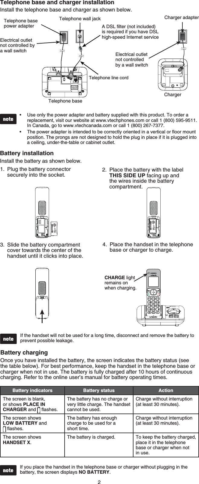 2Telephone base and charger installationInstall the telephone base and charger as shown below.Telephone line cordTelephone baseTelephone base power adapter #&amp;5.ſNVGTPQVKPENWFGFis required if you have DSL high-speed Internet serviceElectrical outlet not controlled by a wall switch Electrical outlet not controlled by a wall switchTelephone wall jackChargerCharger adapterUse only the power adapter and battery supplied with this product. To order a replacement, visit our website at www.vtechphones.com or call 1 (800) 595-9511.In Canada, go to www.vtechcanada.com or call 1 (800) 267-7377.6JGRQYGTCFCRVGTKUKPVGPFGFVQDGEQTTGEVN[QTKGPVGFKPCXGTVKECNQTƀQQTOQWPVposition. The prongs are not designed to hold the plug in place if it is plugged into a ceiling, under-the-table or cabinet outlet.••Battery installationInstall the battery as shown below.Slide the battery compartment cover towards the center of the handset until it clicks into place.3. Place the handset in the telephone base or charger to charge.4.CHARGE light remains on when charging.Plug the battery connector securely into the socket.1. Place the battery with the label THIS SIDE UP facing up and the wires inside the battery compartment.2.If the handset will not be used for a long time, disconnect and remove the battery to prevent possible leakage.Battery chargingOnce you have installed the battery, the screen indicates the battery status (see the table below). For best performance, keep the handset in the telephone base or charger when not in use. The battery is fully charged after 10 hours of continuous charging. Refer to the online user’s manual for battery operating times.If you place the handset in the telephone base or charger without plugging in the battery, the screen displays NO BATTERY.•Battery indicators Battery status ActionThe screen is blank, or shows PLACE IN CHARGER and  ƀCUJGUThe battery has no charge or very little charge. The handset cannot be used.Charge without interruption (at least 30 minutes).The screen shows LOW BATTERY and ƀCUJGUThe battery has enough charge to be used for a short time.Charge without interruption (at least 30 minutes).The screen shows HANDSET X.The battery is charged. To keep the battery charged, place it in the telephone base or charger when not in use.