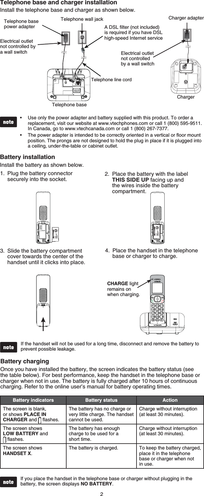 2Telephone base and charger installationInstall the telephone base and charger as shown below.Telephone line cordTelephone baseTelephone base power adapter #&amp;5.ſNVGTPQVKPENWFGFis required if you have DSL high-speed Internet serviceElectrical outlet not controlled by a wall switch Electrical outlet not controlled by a wall switchTelephone wall jackChargerCharger adapterUse only the power adapter and battery supplied with this product. To order a replacement, visit our website at www.vtechphones.com or call 1 (800) 595-9511.In Canada, go to www.vtechcanada.com or call 1 (800) 267-7377.6JGRQYGTCFCRVGTKUKPVGPFGFVQDGEQTTGEVN[QTKGPVGFKPCXGTVKECNQTƀQQTOQWPVposition. The prongs are not designed to hold the plug in place if it is plugged into a ceiling, under-the-table or cabinet outlet.••Battery installationInstall the battery as shown below.Slide the battery compartment cover towards the center of the handset until it clicks into place.3. Place the handset in the telephone base or charger to charge.4.CHARGE light remains on when charging.Plug the battery connector securely into the socket.1. Place the battery with the label THIS SIDE UP facing up and the wires inside the battery compartment.2.If the handset will not be used for a long time, disconnect and remove the battery to prevent possible leakage.Battery chargingOnce you have installed the battery, the screen indicates the battery status (see the table below). For best performance, keep the handset in the telephone base or charger when not in use. The battery is fully charged after 10 hours of continuous charging. Refer to the online user’s manual for battery operating times.If you place the handset in the telephone base or charger without plugging in the battery, the screen displays NO BATTERY.•Battery indicators Battery status ActionThe screen is blank, or shows PLACE IN CHARGER and  ƀCUJGUThe battery has no charge or very little charge. The handset cannot be used.Charge without interruption (at least 30 minutes).The screen shows LOW BATTERY and ƀCUJGUThe battery has enough charge to be used for a short time.Charge without interruption (at least 30 minutes).The screen shows HANDSET X.The battery is charged. To keep the battery charged, place it in the telephone base or charger when not in use.