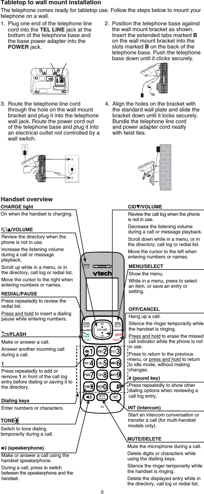 3Tabletop to wall mount installationThe telephone comes ready for tabletop use. Follow the steps below to mount your telephone on a wall. Route the telephone line cord through the hole on the wall mount bracket and plug it into the telephone wall jack. Route the power cord out of the telephone base and plug it into an electrical outlet not controlled by a wall switch.3. Align the holes on the bracket with the standard wall plate and slide the bracket down until it locks securely. Bundle the telephone line cord and power adapter cord neatly with twist ties.4.Position the telephone base against the wall mount bracket as shown. Insert the extended tabs marked Bon the wall mount bracket into the slots marked B on the back of the telephone base. Push the telephone base down until it clicks securely.2.Plug one end of the telephone line cord into the TEL LINE jack at the bottom of the telephone base and the base power adapter into the POWER jack.1.Handset overviewCID /VOLUMEReview the call log when the phone is not in use.Decrease the listening volume during a call or message playback.Scroll down while in a menu, or in the directory, call log or redial list.Move the cursor to the left when entering numbers or names./FLASHMake or answer a call.Answer another incoming call during a call.MUTE/DELETEMute the microphone during a call.Delete digits or characters while using the dialling keys.Silence the ringer temporarily while the handset is ringing.Delete the displayed entry while in the directory, call log or redial list.CHARGE lightOn when the handset is charging.TONESwitch to tone dialing temporarily during a call.Dialing keysEnter numbers or characters./VOLUMEReview the directory when the phone is not in use.Increase the listening volume during a call or message playback.Scroll up while in a menu, or in the directory, call log or redial list.Move the cursor to the right when entering numbers or names.MENU/SELECTShow the menu.While in a menu, press to select an item, or save an entry or setting.OFF/CANCELHang up a call.Silence the ringer temporarily while the handset is ringing.Press and hold to erase the missed call indicator while the phone is not in use.Press to return to the previous menu, or press and hold to return to idle mode, without making changes.REDIAL/PAUSEPress repeatedly to review the redial list.Press and hold to insert a dialing pause while entering numbers.# (pound key)Press repeatedly to show other dialing options when reviewing a call log entry.1Press repeatedly to add or remove 1 in front of the call log entry before dialing or saving it to the directory.(speakerphone)Make or answer a call using the handset speakerphone.During a call, press to switch between the speakerphone and the handset.INT (intercom)Start an intercom conversation or transfer a call (for multi-handset models only).