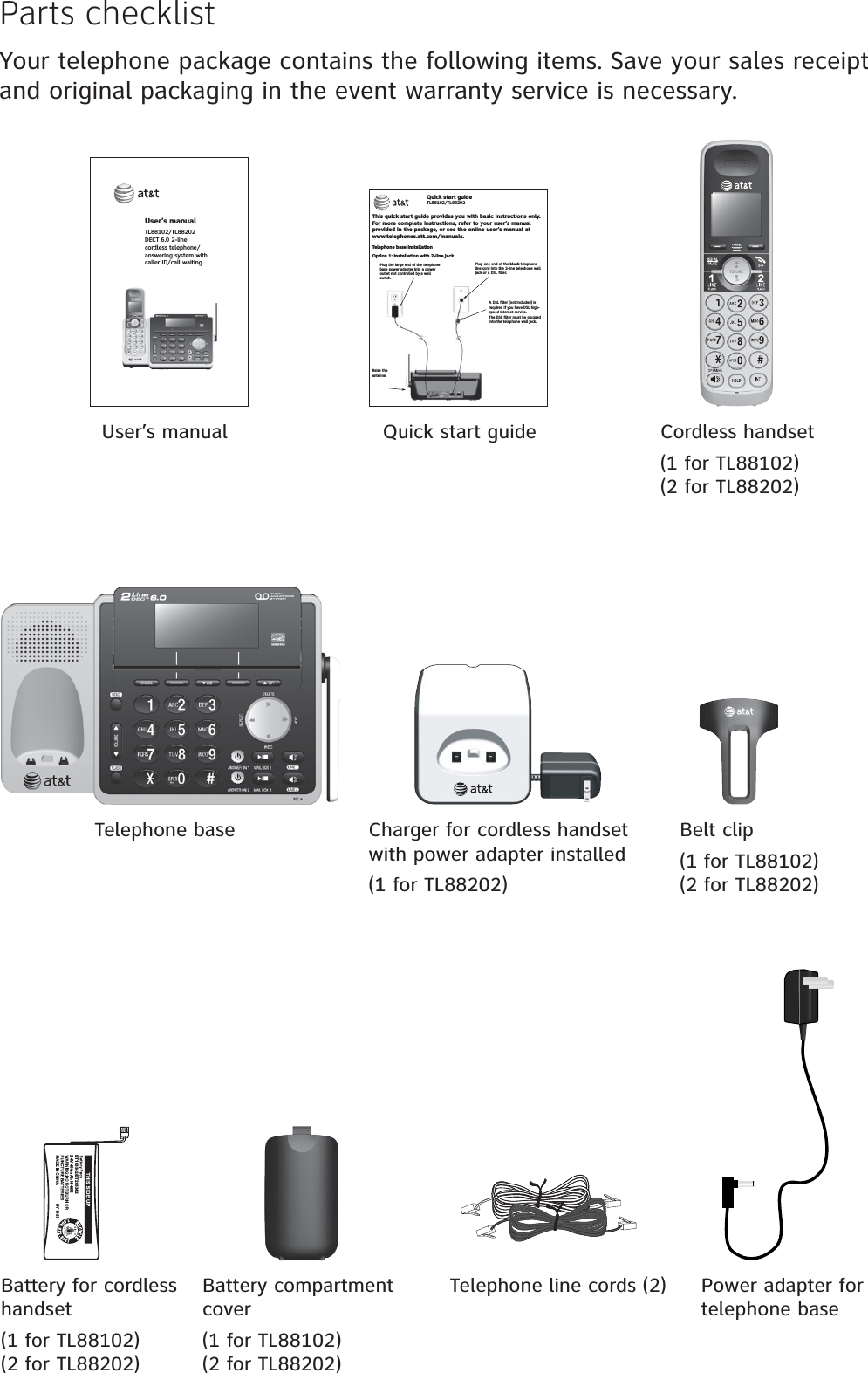Parts checklistYour telephone package contains the following items. Save your sales receipt and original packaging in the event warranty service is necessary.Cordless handset(1 for TL88102)(2 for TL88202)Charger for cordless handset with power adapter installed(1 for TL88202)Battery compartment cover(1 for TL88102)(2 for TL88202)Telephone line cords (2) Power adapter for telephone baseTelephone baseBattery for cordless handset(1 for TL88102)(2 for TL88202)User’s manual Quick start guideBelt clip(1 for TL88102)(2 for TL88202)BY 1021 BT183342/BT2833422.4V 400mAh Ni-MHUser’s manualTL88102/TL88202DECT 6.0 2-line cordless telephone/answering system withcaller ID/call waitingTelephone base installationThis quick start guide provides you with basic instructions only. For more complete instructions, refer to your user’s manual provided in the package, or see the online user’s manual at www.telephones.att.com/manuals.Quick start guideTL88102/TL88202Plug one end of the black telephone line cord into the 2-line telephone wall jack or a DSL filter.Plug the large end of the telephone base power adapter into a power outlet not controlled by a wall switch. A DSL filter (not included) is required if you have DSL high-speed Internet service.The DSL filter must be plugged into the telephone wall jack.Raise the antenna.Option 1: Installation with 2-line jack