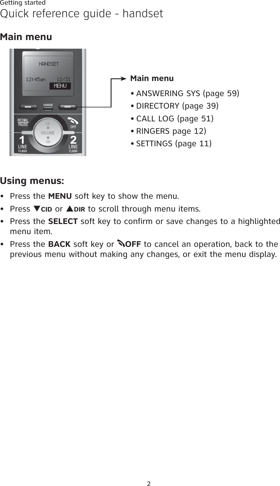 2Getting startedMENUHANDSET12:45am    12/31Main menuMain menuANSWERING SYS (page 59)DIRECTORY (page 39)CALL LOG (page 51)RINGERS page 12)SETTINGS (page 11)•••••Using menus:Press the MENU soft key to show the menu.Press TCID or SDIR to scroll through menu items.Press the SELECT soft key to confirm or save changes to a highlighted menu item.Press the BACK soft key or  OFF to cancel an operation, back to the previous menu without making any changes, or exit the menu display.••••Quick reference guide - handset