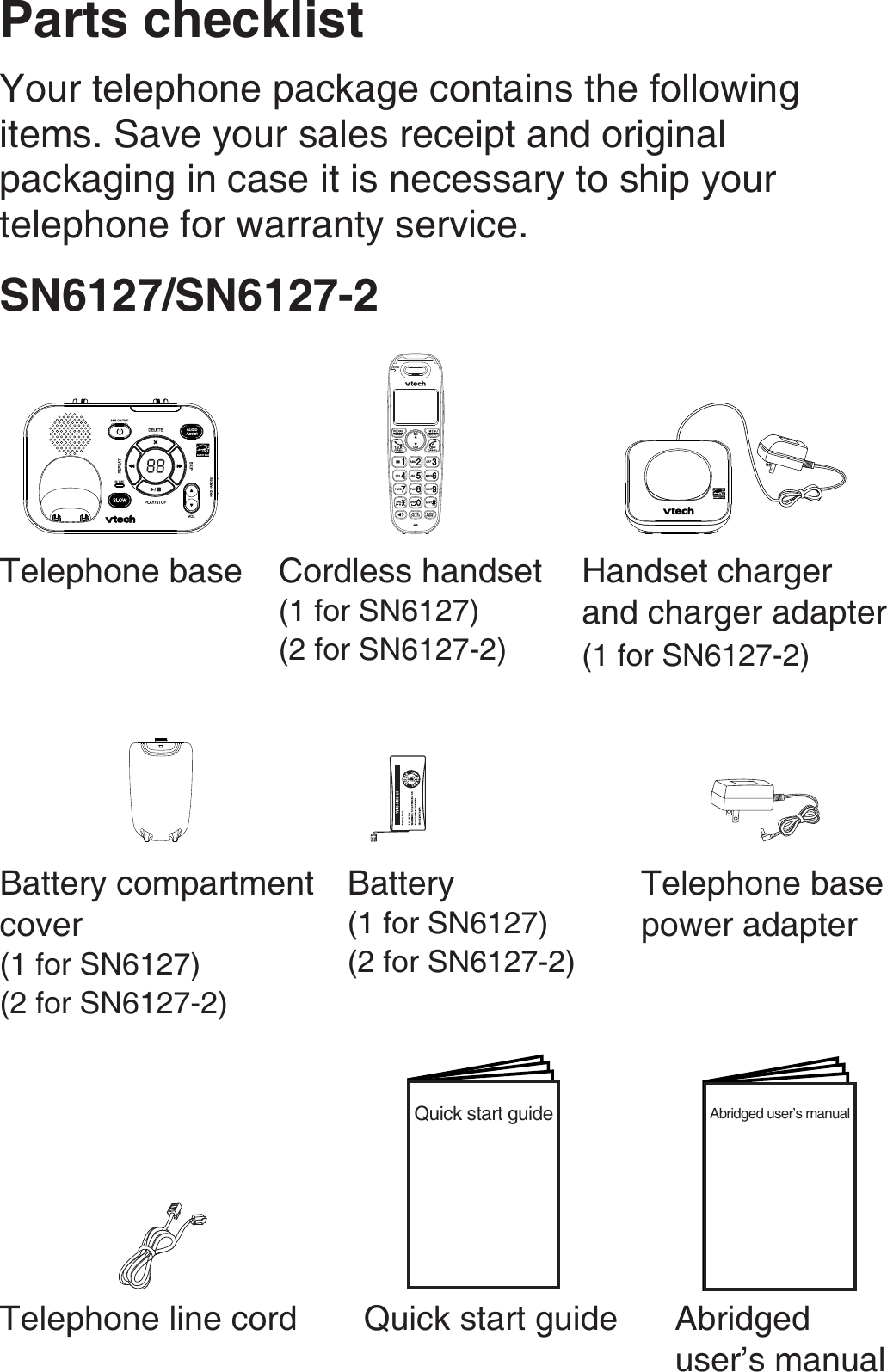 Parts checklistCordless handset(1 for SN6127)(2 for SN6127-2)Handset charger  and charger adapter(1 for SN6127-2)Battery compartment cover(1 for SN6127)(2 for SN6127-2)Battery(1 for SN6127)(2 for SN6127-2)Telephone base power adapterTelephone line cord Quick start guide Abridged user’s manualQuick start guide Abridged user’s manualYour telephone package contains the following items. Save your sales receipt and original packaging in case it is necessary to ship your telephone for warranty service.SN6127/SN6127-2Telephone base