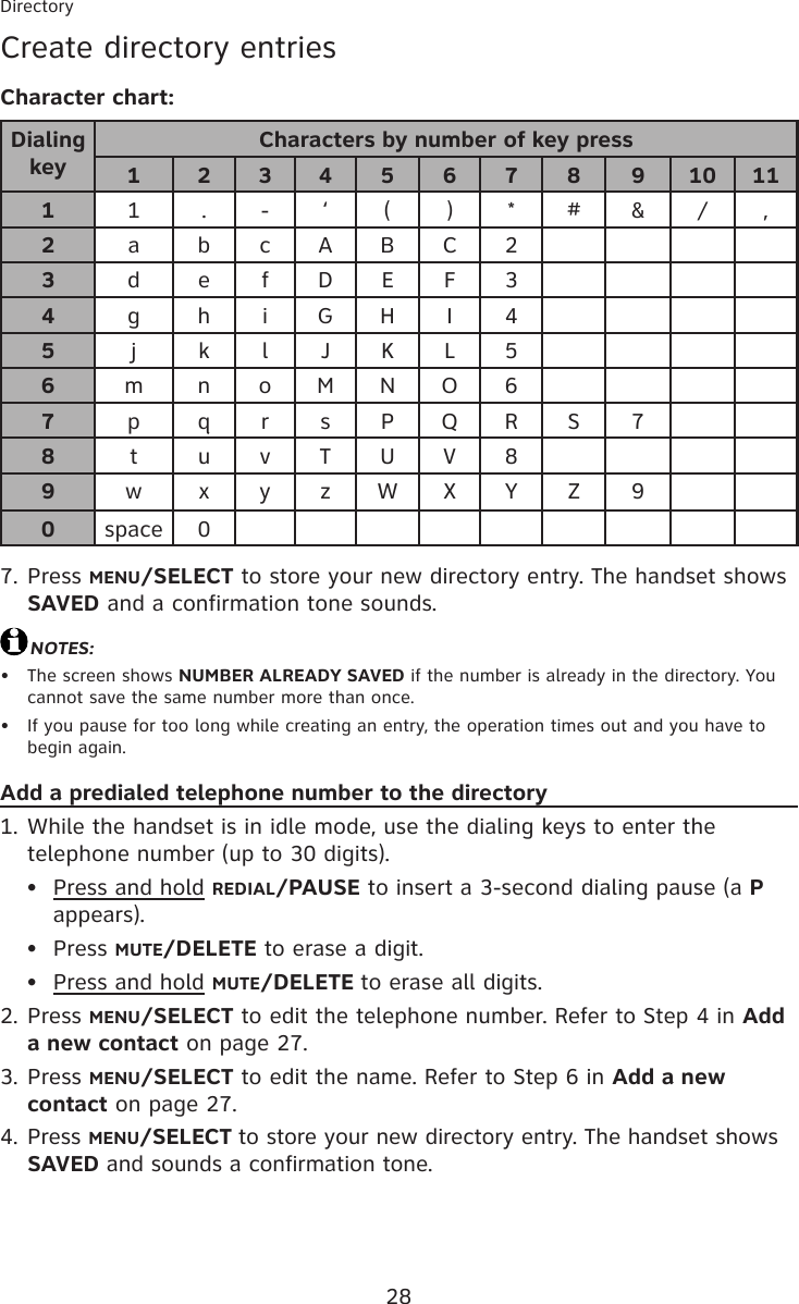 28DirectoryCreate directory entriesCharacter chart:Dialing keyCharacters by number of key press1 2 3 4 5 6 7 8 9 10 1111 . - ‘ ( ) * # &amp; / ,2a b c A B C 23d e f D E F 34g h i G H I 45j k l J K L 56m n o M N O 67p q r s P Q R S 78t u v T U V 89w x y z W X Y Z 90space 0Press MENU/SELECT to store your new directory entry. The handset shows SAVED and a confirmation tone sounds.NOTES: The screen shows NUMBER ALREADY SAVED if the number is already in the directory. You cannot save the same number more than once.If you pause for too long while creating an entry, the operation times out and you have to begin again.Add a predialed telephone number to the directoryWhile the handset is in idle mode, use the dialing keys to enter the telephone number (up to 30 digits).Press and hold REDIAL/PAUSE to insert a 3-second dialing pause (a P appears).Press MUTE/DELETE to erase a digit.Press and hold MUTE/DELETE to erase all digits.Press MENU/SELECT to edit the telephone number. Refer to Step 4 in Add a new contact on page 27.Press MENU/SELECT to edit the name. Refer to Step 6 in Add a new contact on page 27.Press MENU/SELECT to store your new directory entry. The handset shows SAVED and sounds a confirmation tone. 7.••1.•••2.3.4.