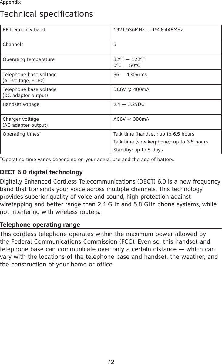 72AppendixTechnical specificationsRF frequency band 1921.536MHz — 1928.448MHzChannels 5Operating temperature 32ºF — 122ºF0ºC — 50ºCTelephone base voltage(AC voltage, 60Hz)96 — 130VrmsTelephone base voltage(DC adapter output)DC6V @ 400mAHandset voltage 2.4 — 3.2VDCCharger voltage(AC adapter output)AC6V @ 300mAOperating times* Talk time (handset): up to 6.5 hoursTalk time (speakerphone): up to 3.5 hoursStandby: up to 5 days*Operating time varies depending on your actual use and the age of battery.DECT 6.0 digital technologyDigitally Enhanced Cordless Telecommunications (DECT) 6.0 is a new frequency band that transmits your voice across multiple channels. This technology provides superior quality of voice and sound, high protection against wiretapping and better range than 2.4 GHz and 5.8 GHz phone systems, while not interfering with wireless routers.Telephone operating rangeThis cordless telephone operates within the maximum power allowed by the Federal Communications Commission (FCC). Even so, this handset and telephone base can communicate over only a certain distance — which can vary with the locations of the telephone base and handset, the weather, and the construction of your home or office.