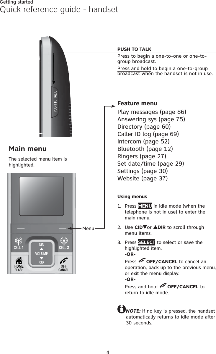4Getting startedQuick reference guide - handsetMenuFeature menuPlay messages (page 86)Answering sys (page 75)Directory (page 60)Caller ID log (page 69)Intercom (page 52)Bluetooth (page 12)Ringers (page 27)Set date/time (page 29)Settings (page 30) Website (page 37)Main menuThe selected menu item is highlighted.PUSH TO TALK  Press to begin a one-to-one or one-to-group broadcast.Press and hold to begin a one-to-group broadcast when the handset is not in use. Using menusPress MENU in idle mode (when the telephone is not in use) to enter the main menu.Use CID or  DIR to scroll through menu items.Press SELECT to select or save the highlighted item. -OR- Press  OFF/CANCEL to cancel an operation, back up to the previous menu,  or exit the menu display. -OR- Press and hold  OFF/CANCEL to return to idle mode. NOTE: If no key is pressed, the handset automatically returns to idle mode after 30 seconds.1.2.3.