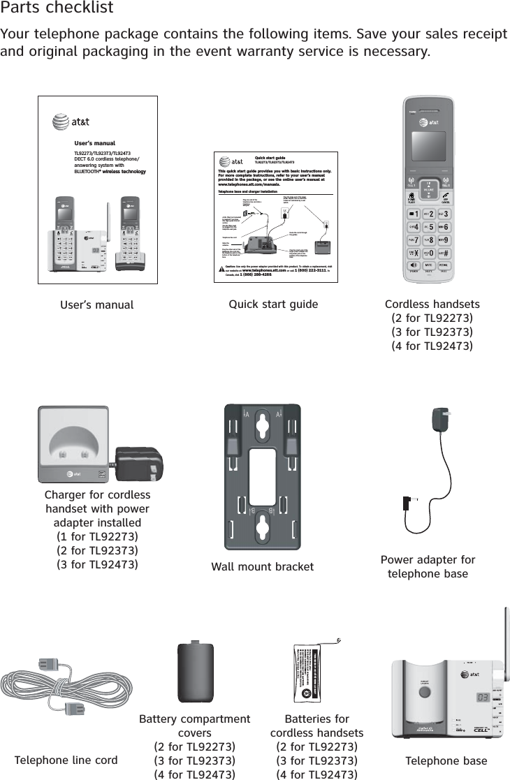 Parts checklistYour telephone package contains the following items. Save your sales receipt and original packaging in the event warranty service is necessary.Telephone line cordPower adapter for telephone baseCordless handsets (2 for TL92273) (3 for TL92373) (4 for TL92473)Telephone baseCharger for cordless handset with power adapter installed (1 for TL92273) (2 for TL92373) (3 for TL92473) Wall mount bracketBatteries for cordless handsets (2 for TL92273) (3 for TL92373) (4 for TL92473)Battery compartment covers (2 for TL92273) (3 for TL92373) (4 for TL92473)User’s manual Quick start guideUser’s manualTL92273/TL92373/TL92473 DECT 6.0 cordless telephone/answering system with  BLUETOOTH® wireless technology wireless technologyTelephone base and charger installationThis quick start guide provides you with basic instructions only. For more complete instructions, refer to your user’s manual provided in the package, or see the online user’s manual at www.telephones.att.com/manuals.Quick start guideTL92273/TL92373/TL92473Caution: Use only the power adapter provided with this product. To obtain a replacement, visit our website at www.telephones.att.com or call 1 (800) 222-3111. In Canada, dial 1 (866) 288-4268.Plug the other end of the telephone line cord into the telephone jack on the bottom of the telephone base.Telephone line cordRoute the cords through the guides.Plug the small end of the larger power adapter into the power jack on the bottom of the telephone base.Plug the large end of the larger power adapter into an electrical outlet not controlled by a wall switch.Plug one end of the telephone line cord into a telephone  wall jack. Raise the antenna.A DSL filter (not included) is required if you have DSL high-speed Internet service.The DSL filter must be plugged into the telephone wall jack.THIS SIDE UP / CE CÔTÉ VERS LE HAUTBattery Pack / Bloc-piles :BT183342/BT283342 (2.4V 400mAh Ni-MH)WARNING / AVERTISSEMENT :DO NOT BURN OR PUNCTURE BATTERIES.NE PAS INCINÉRER OU PERCER LES PILES.Made in China / Fabriqué en chine        BY1142
