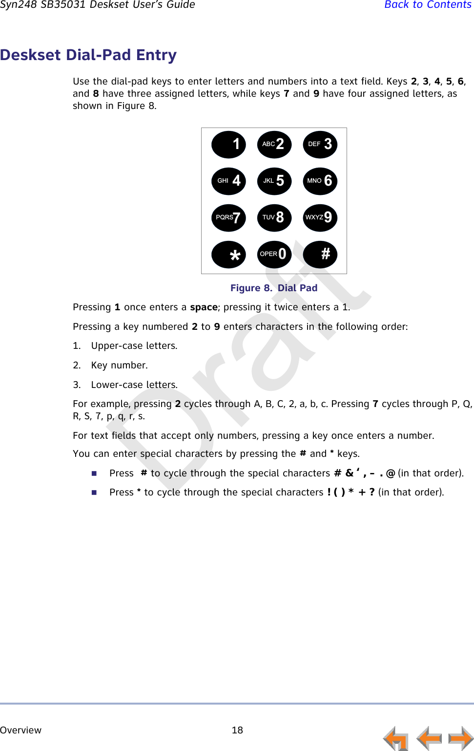 Overview 18         Syn248 SB35031 Deskset User’s Guide Back to ContentsDeskset Dial-Pad EntryUse the dial-pad keys to enter letters and numbers into a text field. Keys 2, 3, 4, 5, 6, and 8 have three assigned letters, while keys 7 and 9 have four assigned letters, as shown in Figure 8.Figure 8.  Dial PadPressing 1 once enters a space; pressing it twice enters a 1.Pressing a key numbered 2 to 9 enters characters in the following order:1. Upper-case letters.2. Key number.3. Lower-case letters.For example, pressing 2 cycles through A, B, C, 2, a, b, c. Pressing 7 cycles through P, Q, R, S, 7, p, q, r, s.For text fields that accept only numbers, pressing a key once enters a number.You can enter special characters by pressing the # and * keys.Press  # to cycle through the special characters # &amp; ‘ , – . @ (in that order).Press * to cycle through the special characters ! ( ) * + ? (in that order).12 345 67890ABC DEFGHI JKL MNOPQRS TUV WXYZOPER#*Draft