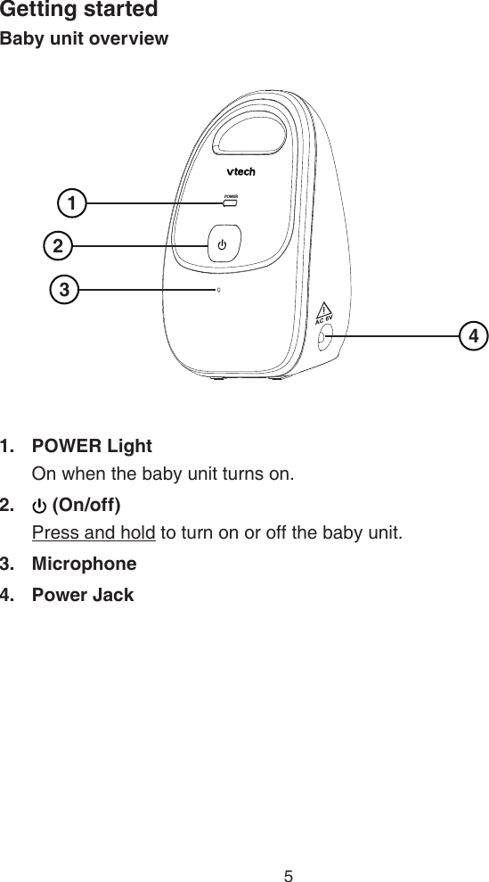 5Getting startedBaby unit overview1.   POWER Light   On when the baby unit turns on. 2.     (On/off)   Press and hold to turn on or off the baby unit. 3.   Microphone 4.   Power Jack 1 2 3 4POWER