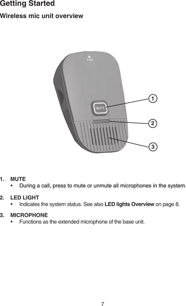 Getting Started7BatteryBatteryWireless mic unit overview 2 11.    MUTE  During a call, press to mute or unmute all microphones in the system.During a call, press to mute or unmute all microphones in the system. 2.    LED LIGHT   Indicates the system status. See also LED lights Overview on page 8.3.    MICROPHONE  Functions as the extended microphone of the base unit.••• 3