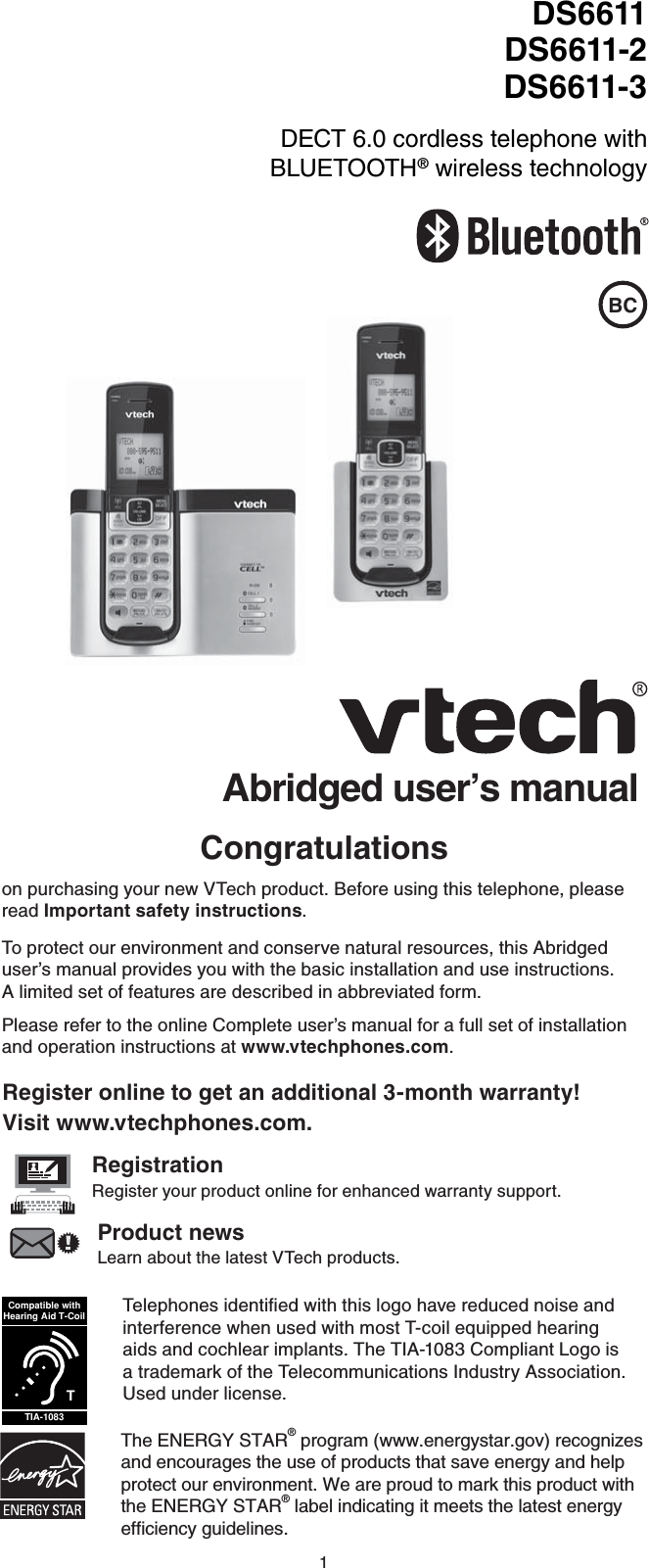 VTech Telecommunications 80 9423 00 1 9GHz DECT Cordless Phone With BT Base Bluetooth User