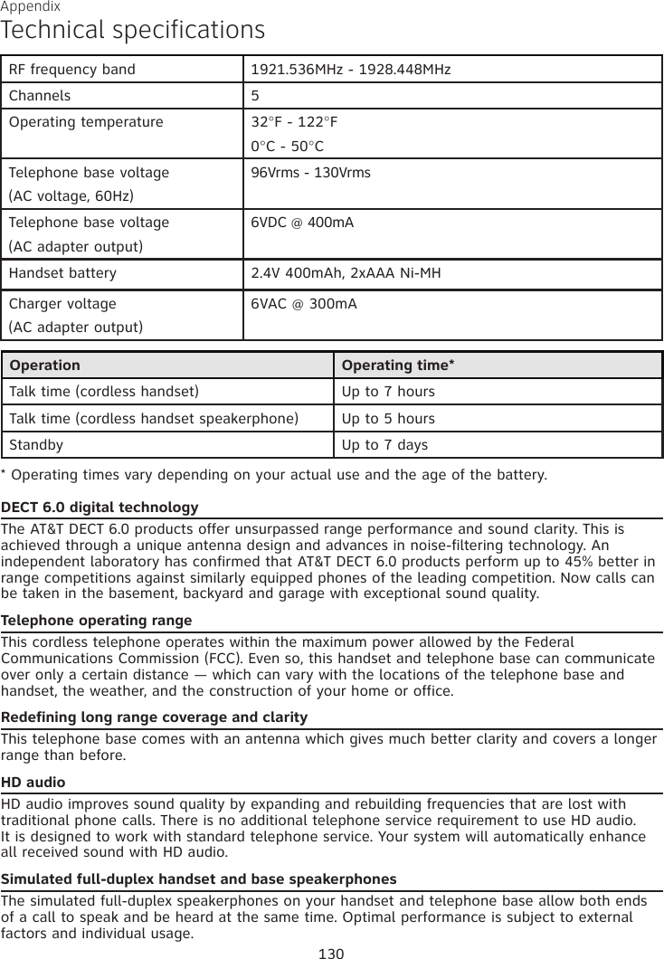 Appendix Technical specificationsOperation Operating time*Talk time (cordless handset) Up to 7 hoursTalk time (cordless handset speakerphone) Up to 5 hoursStandby Up to 7 days* Operating times vary depending on your actual use and the age of the battery. DECT 6.0 digital technologyThe AT&amp;T DECT 6.0 products offer unsurpassed range performance and sound clarity. This is achieved through a unique antenna design and advances in noise-filtering technology. An independent laboratory has confirmed that AT&amp;T DECT 6.0 products perform up to 45% better in range competitions against similarly equipped phones of the leading competition. Now calls can be taken in the basement, backyard and garage with exceptional sound quality.  Telephone operating rangeThis cordless telephone operates within the maximum power allowed by the Federal Communications Commission (FCC). Even so, this handset and telephone base can communicate over only a certain distance — which can vary with the locations of the telephone base and handset, the weather, and the construction of your home or office. Redefining long range coverage and clarityThis telephone base comes with an antenna which gives much better clarity and covers a longer range than before.HD audioHD audio improves sound quality by expanding and rebuilding frequencies that are lost with traditional phone calls. There is no additional telephone service requirement to use HD audio.It is designed to work with standard telephone service. Your system will automatically enhance all received sound with HD audio.Simulated full-duplex handset and base speakerphonesThe simulated full-duplex speakerphones on your handset and telephone base allow both ends of a call to speak and be heard at the same time. Optimal performance is subject to external factors and individual usage.RF frequency band 1921.536MHz - 1928.448MHzChannels 5Operating temperature 32°F - 122°F0°C - 50°CTelephone base voltage(AC voltage, 60Hz)96Vrms - 130VrmsTelephone base voltage(AC adapter output)6VDC @ 400mAHandset battery 2.4V 400mAh, 2xAAA Ni-MHCharger voltage(AC adapter output)6VAC @ 300mA130