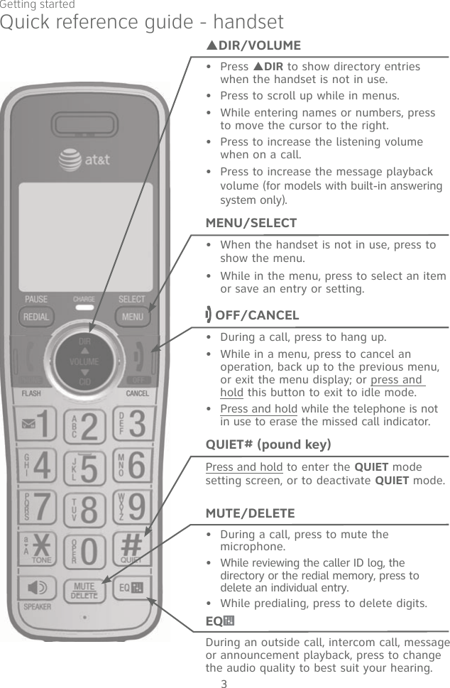 Quick reference guide - handsetGetting started3SDIR/VOLUMEPress SDIR to show directory entries when the handset is not in use.Press to scroll up while in menus. While entering names or numbers, press to move the cursor to the right. Press to increase the listening volume when on a call. Press to increase the message playback volume (for models with built-in answering system only).•••••MENU/SELECTWhen the handset is not in use, press to show the menu. While in the menu, press to select an item or save an entry or setting.•• OFF/CANCELDuring a call, press to hang up.While in a menu, press to cancel an operation, back up to the previous menu, or exit the menu display; or press and hold this button to exit to idle mode.Press and hold while the telephone is not in use to erase the missed call indicator.•••QUIET# (pound key)Press and hold to enter the QUIET mode setting screen, or to deactivate QUIET mode.MUTE/DELETEDuring a call, press to mute the microphone.While reviewing the caller ID log, the directory or the redial memory, press to delete an individual entry.While predialing, press to delete digits.•••EQDuring an outside call, intercom call, message or announcement playback, press to change the audio quality to best suit your hearing. 