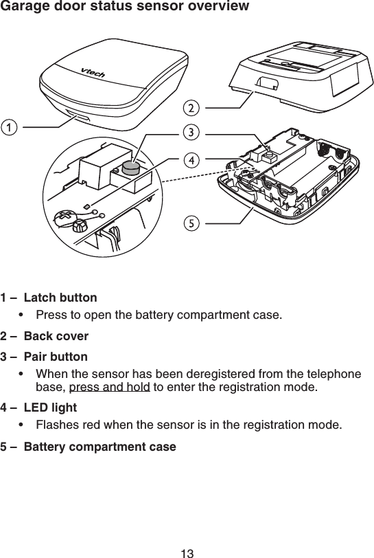 13(BSBHFEPPSTUBUVTTFOTPSPWFSWJFXq-BUDICVUUPOPress to open the battery compartment case.q#BDLDPWFSq1BJSCVUUPOWhen the sensor has been deregistered from the telephone base, press and hold to enter the registration mode.q-&amp;%MJHIUFlashes red when the sensor is in the registration mode.q#BUUFSZDPNQBSUNFOUDBTF•••