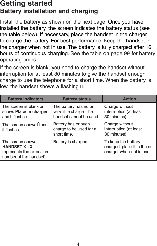 4Install the battery as shown on the next page. Once you have installed the battery, the screen indicates the battery status (see the table below). If necessary, place the handset in the charger to charge the battery. For best performance, keep the handset in the charger when not in use. The battery is fully charged after 16 hours of continuous charging. See the table on page 99 for battery operating times.If the screen is blank, you need to charge the handset without interruption for at least 30 minutes to give the handset enough charge to use the telephone for a short time. When the battery is low, the handset shows a flashing  . Battery indicators Battery status ActionThe screen is blank or shows Place in charger and   ﬂashes.The battery has no or very little charge. The handset cannot be used.Charge without interruption (at least  30 minutes).The screen shows   and it ﬂashes.Battery has enough charge to be used for a short time.Charge without interruption (at least  30 minutes).The screen shows  HANDSET X. (X represents the extension number of the handset).Battery is charged. To keep the battery charged, place it in the or charger when not in use.Getting startedBattery installation and charging