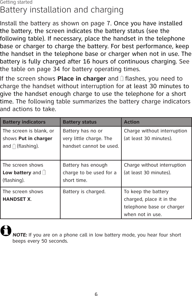 6Battery installation and chargingInstall the battery as shown on page 7. Once you have installed the battery, the screen indicates the battery status (see the following table). If necessary, place the handset in the telephone base or charger to charge the battery. For best performance, keep the handset in the telephone base or charger when not in use. The battery is fully charged after 16 hours of continuous charging. See the table on page 34 for battery operating times.If the screen shows Place in charger and   flashes, you need to charge the handset without interruption for at least 30 minutes to give the handset enough charge to use the telephone for a short time. The following table summarizes the battery charge indicators and actions to take.Getting startedBattery indicators Battery status ActionThe screen is blank, or shows Put in charger and   (flashing).Battery has no or very little charge. The handset cannot be used.Charge without interruption  (at least 30 minutes).The screen shows  Low battery and   (flashing).Battery has enough charge to be used for a short time.Charge without interruption  (at least 30 minutes).The screen shows  HANDSET X.Battery is charged. To keep the battery charged, place it in the telephone base or charger when not in use.NOTE: If you are on a phone call in low battery mode, you hear four short beeps every 50 seconds. 