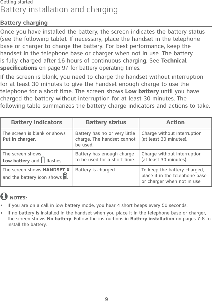 9Getting startedBattery installation and chargingBattery chargingOnce you have installed the battery, the screen indicates the battery status (see the following table). If necessary, place the handset in the telephone base or charger to charge the battery. For best performance, keep the handset in the telephone base or charger when not in use. The battery is fully charged after 16 hours of continuous charging. See Technical specifications on page 97 for battery operating times.If the screen is blank, you need to charge the handset without interruption for at least 30 minutes to give the handset enough charge to use the telephone for a short time. The screen shows Low battery until you have charged the battery without interruption for at least 30 minutes. The following table summarizes the battery charge indicators and actions to take.NOTES:If you are on a call in low battery mode, you hear 4 short beeps every 50 seconds.If no battery is installed in the handset when you place it in the telephone base or charger, the screen shows No battery. Follow the instructions in Battery installation on pages 7-8 to install the battery.••Battery indicators Battery status ActionThe screen is blank or shows Put in charger.Battery has no or very little charge. The handset cannot be used.Charge without interruption  (at least 30 minutes).The screen shows Low battery and   flashes.Battery has enough charge to be used for a short time.Charge without interruption  (at least 30 minutes).The screen shows HANDSET X and the battery icon shows  .Battery is charged. To keep the battery charged, place it in the telephone base or charger when not in use.