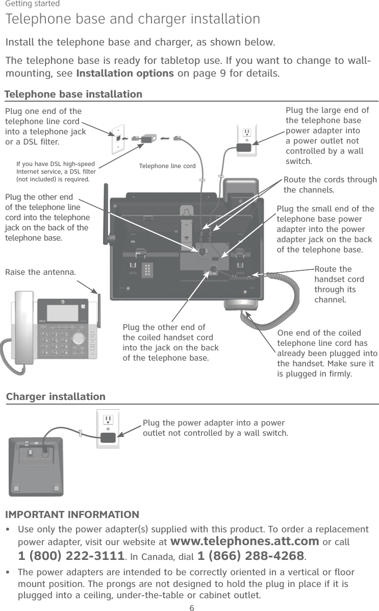 Getting started6Telephone base and charger installationInstall the telephone base and charger, as shown below.The telephone base is ready for tabletop use. If you want to change to wall-mounting, see Installation options on page 9 for details.IMPORTANT INFORMATIONUse only the power adapter(s) supplied with this product. To order a replacement power adapter, visit our website at www.telephones.att.com or call   1 (800) 222-3111. In Canada, dial 1 (866) 288-4268.The power adapters are intended to be correctly oriented in a vertical or floor mount position. The prongs are not designed to hold the plug in place if it is plugged into a ceiling, under-the-table or cabinet outlet.••Plug the power adapter into a power  outlet not controlled by a wall switch.Raise the antenna.Charger installationTelephone base installationPlug the other end of the telephone line cord into the telephone jack on the back of the telephone base.Plug the small end of the telephone base power adapter into the power adapter jack on the back of the telephone base.Plug the large end of the telephone base power adapter into a power outlet not controlled by a wall switch.Plug one end of the telephone line cord into a telephone jack or a DSL filter.If you have DSL high-speed Internet service, a DSL filter (not included) is required.Telephone line cordRoute the cords through the channels.Plug the other end of the coiled handset cord into the jack on the back of the telephone base.One end of the coiled telephone line cord has already been plugged into the handset. Make sure it is plugged in firmly.Route the handset cord through its channel.